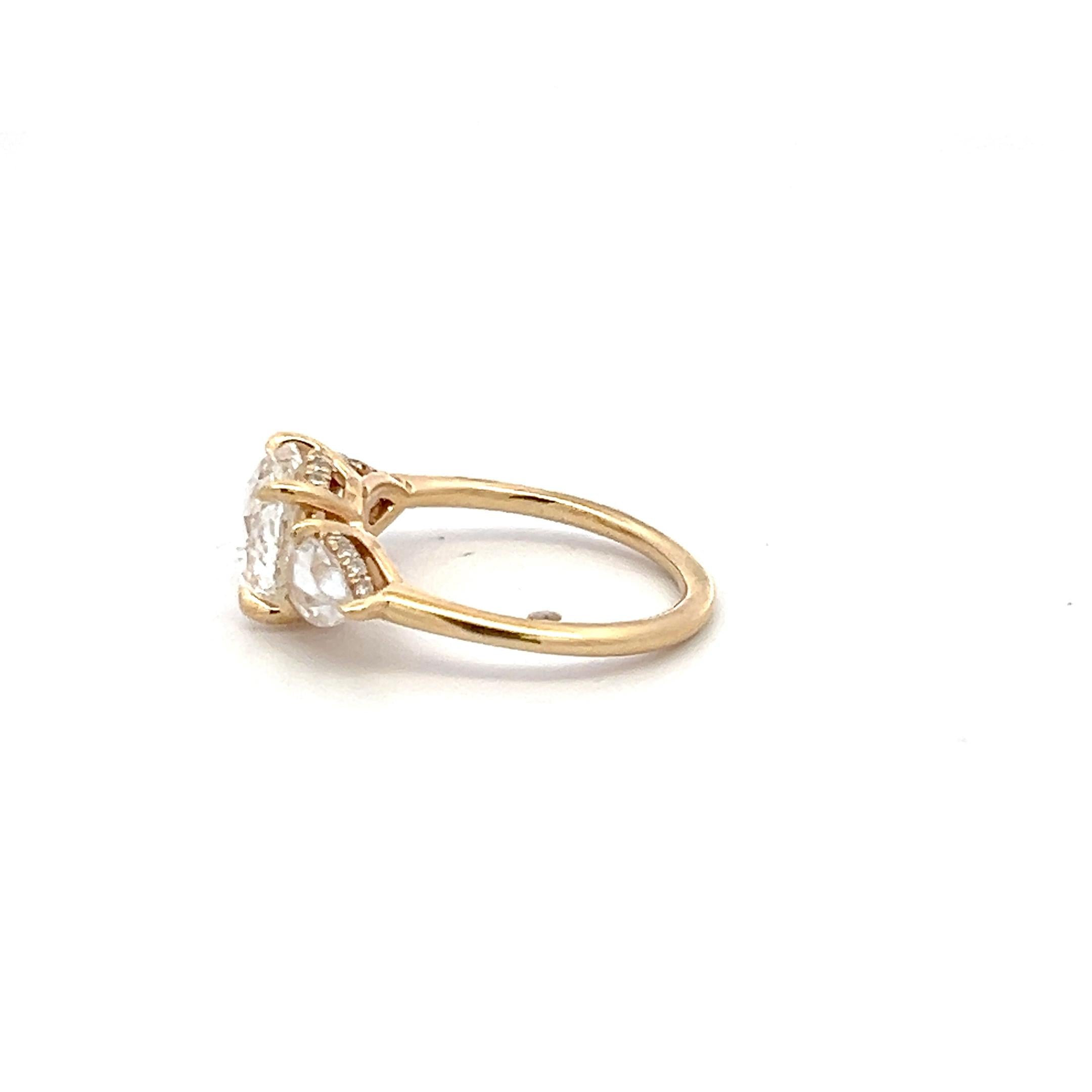 14K YG Three-Stone Ring with 2.02 Carat Rose & Pear Diamonds Size 4 G-VVS2 GIA