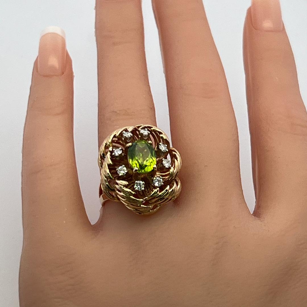 14K YG Cocktail Ring with 0.16 Carat Round Diamonds & 2 Carat Peridot Size 6.5