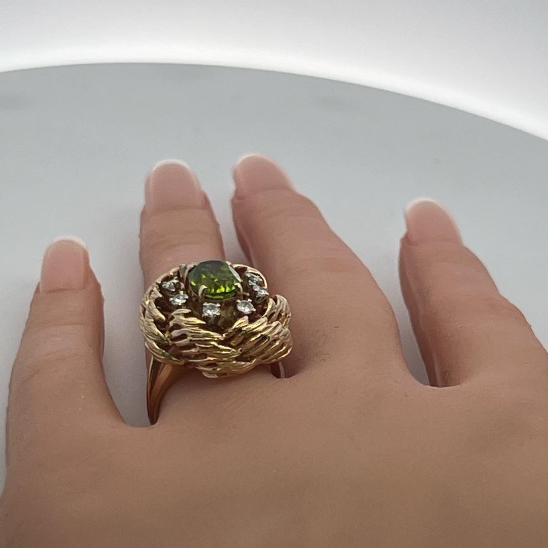 14K YG Cocktail Ring with 0.16 Carat Round Diamonds & 2 Carat Peridot Size 6.5