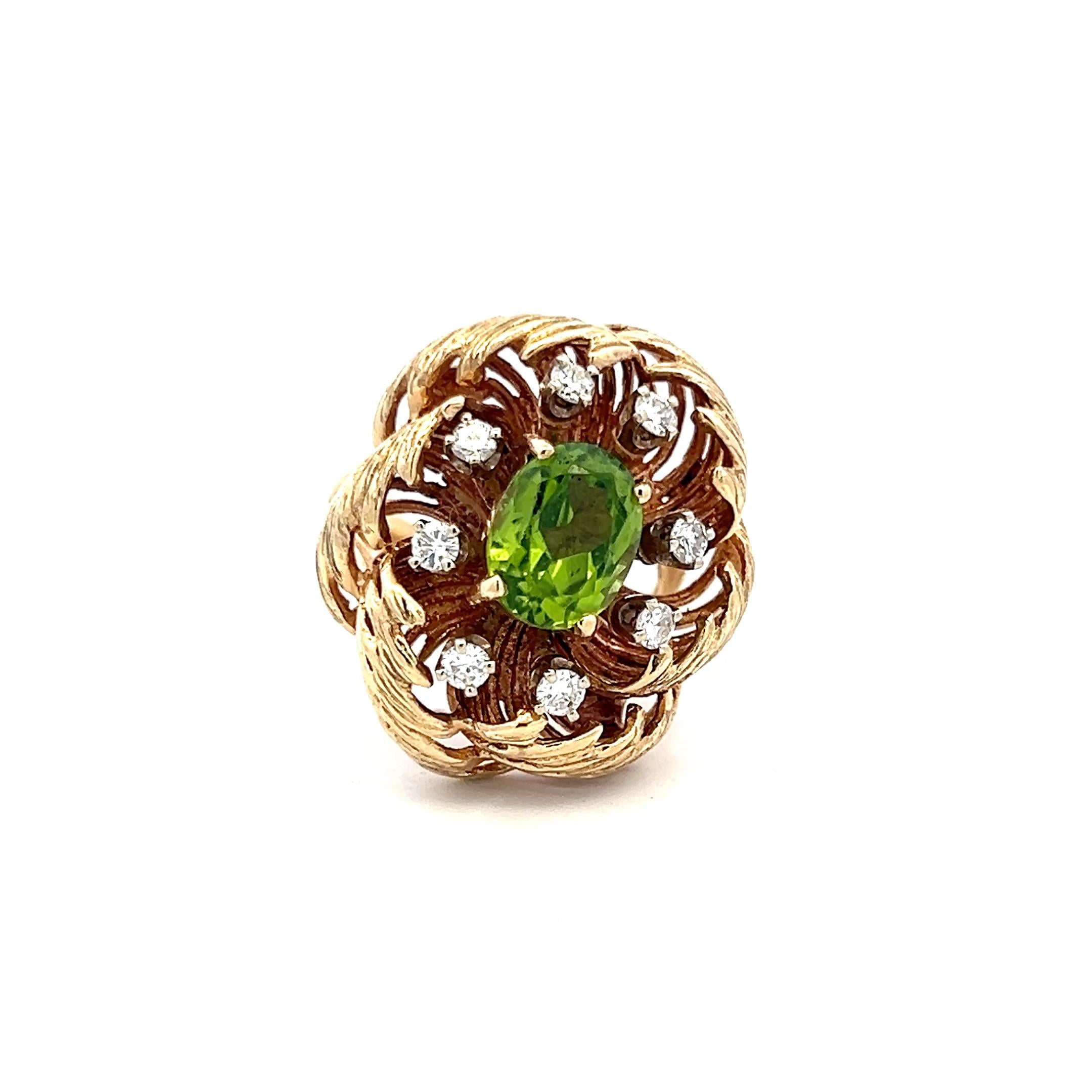 14K YG Cocktail Ring with 0.16 Carat Round Diamonds & 2 Carat Peridot Size 6.5