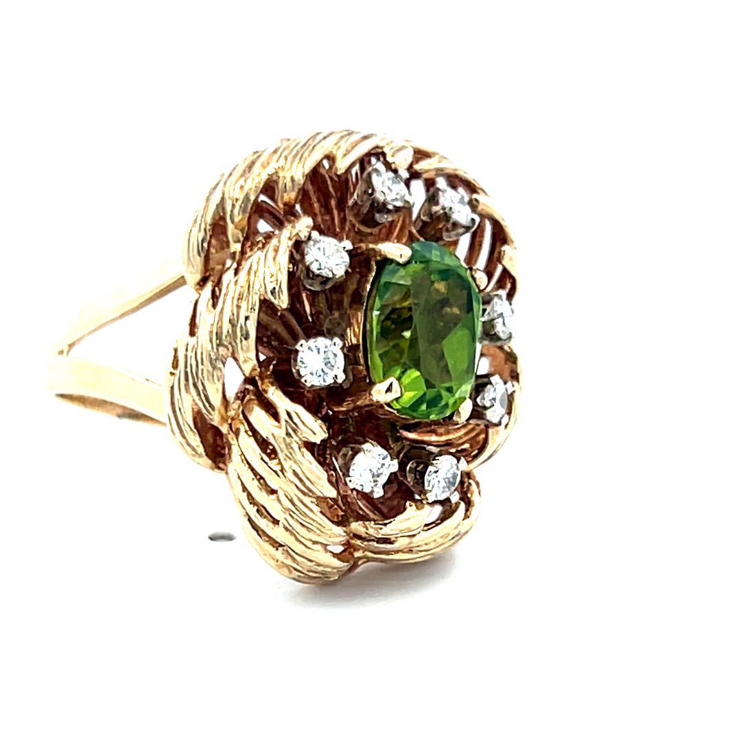 14K YG Cocktail Ring with 0.16 Carat Round Diamonds & 2 Carat Peridot Size 6.5