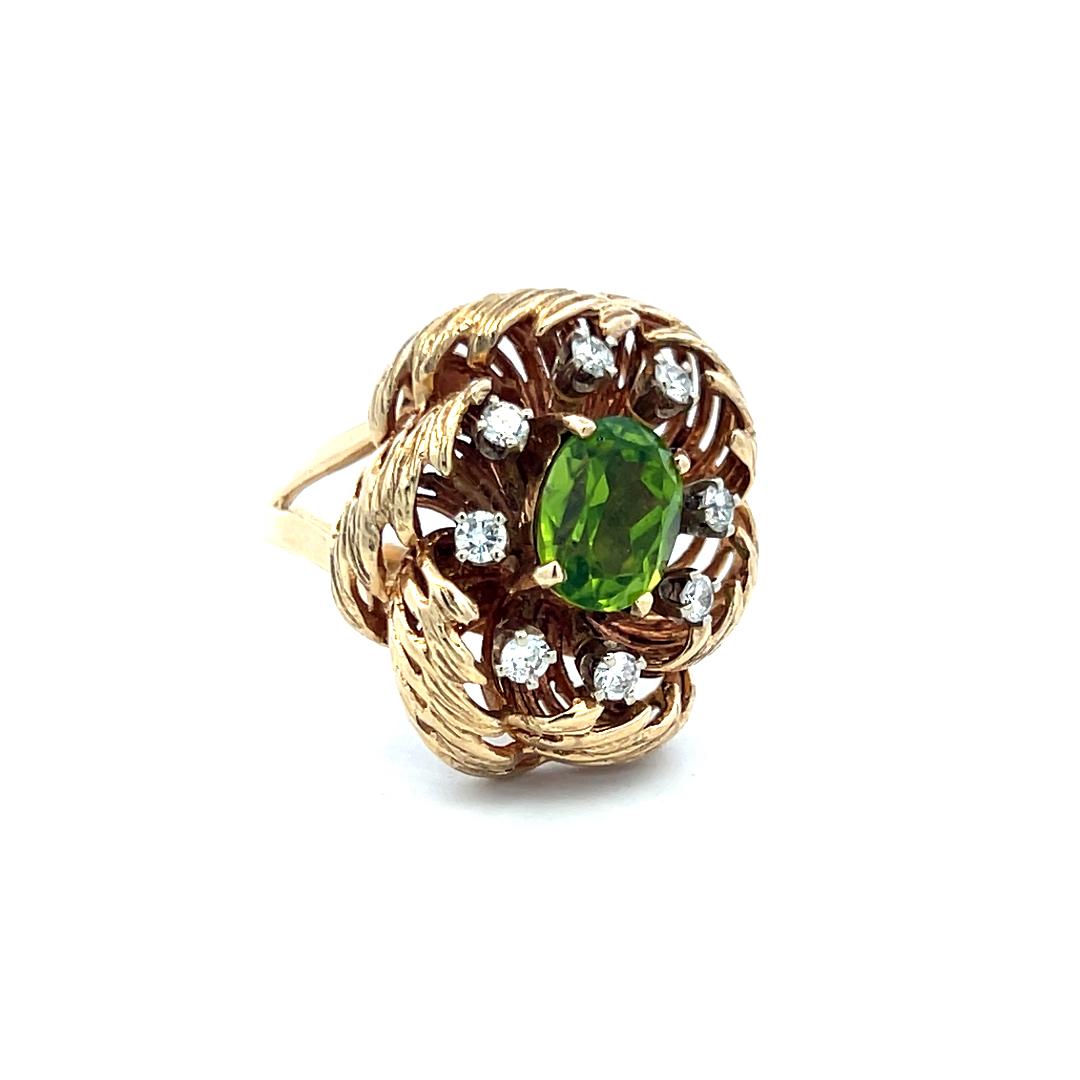 14K YG Cocktail Ring with 0.16 Carat Round Diamonds & 2 Carat Peridot Size 6.5