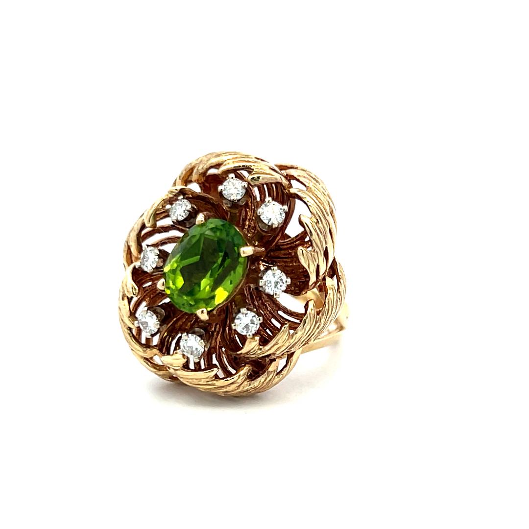 14K YG Cocktail Ring with 0.16 Carat Round Diamonds & 2 Carat Peridot Size 6.5