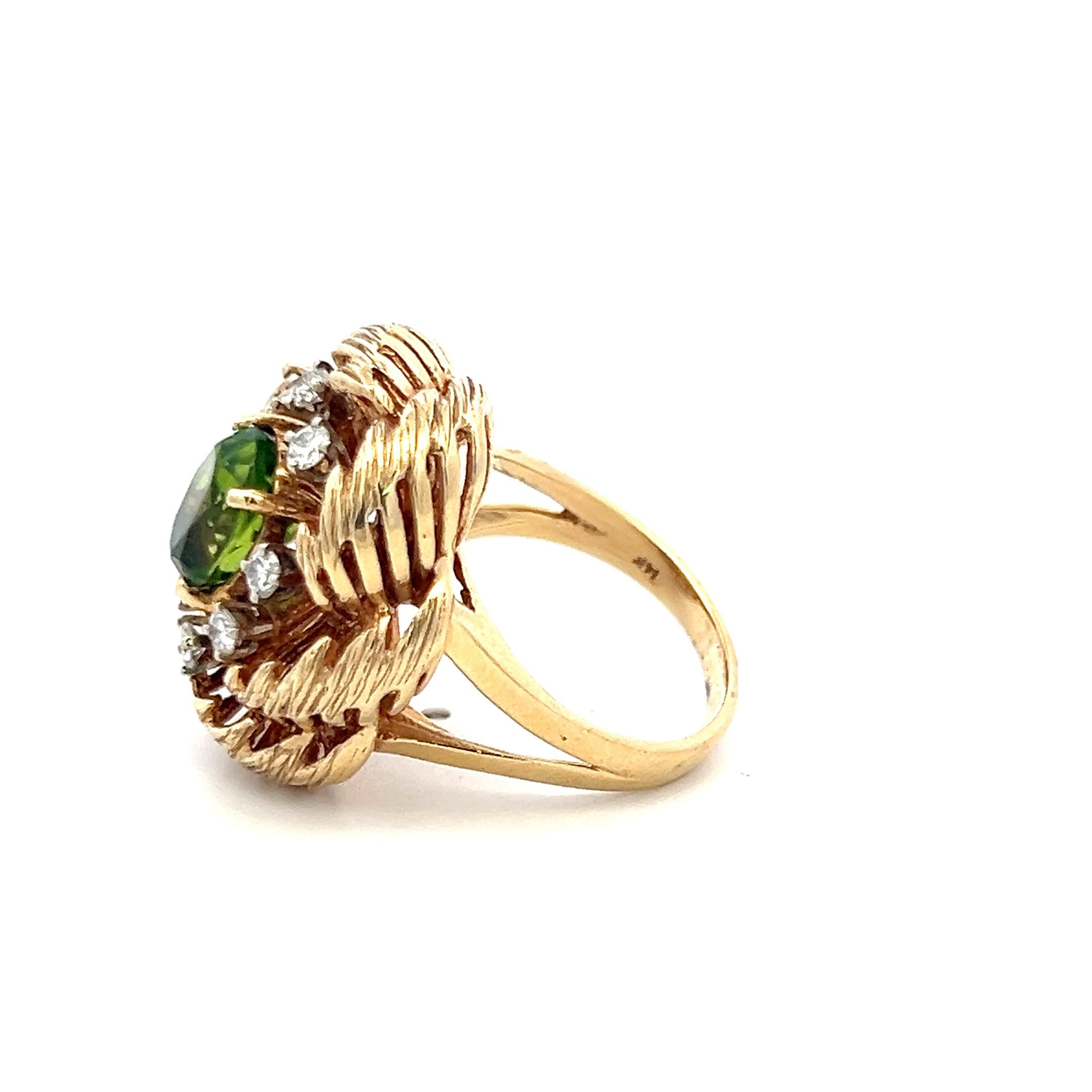 14K YG Cocktail Ring with 0.16 Carat Round Diamonds & 2 Carat Peridot Size 6.5