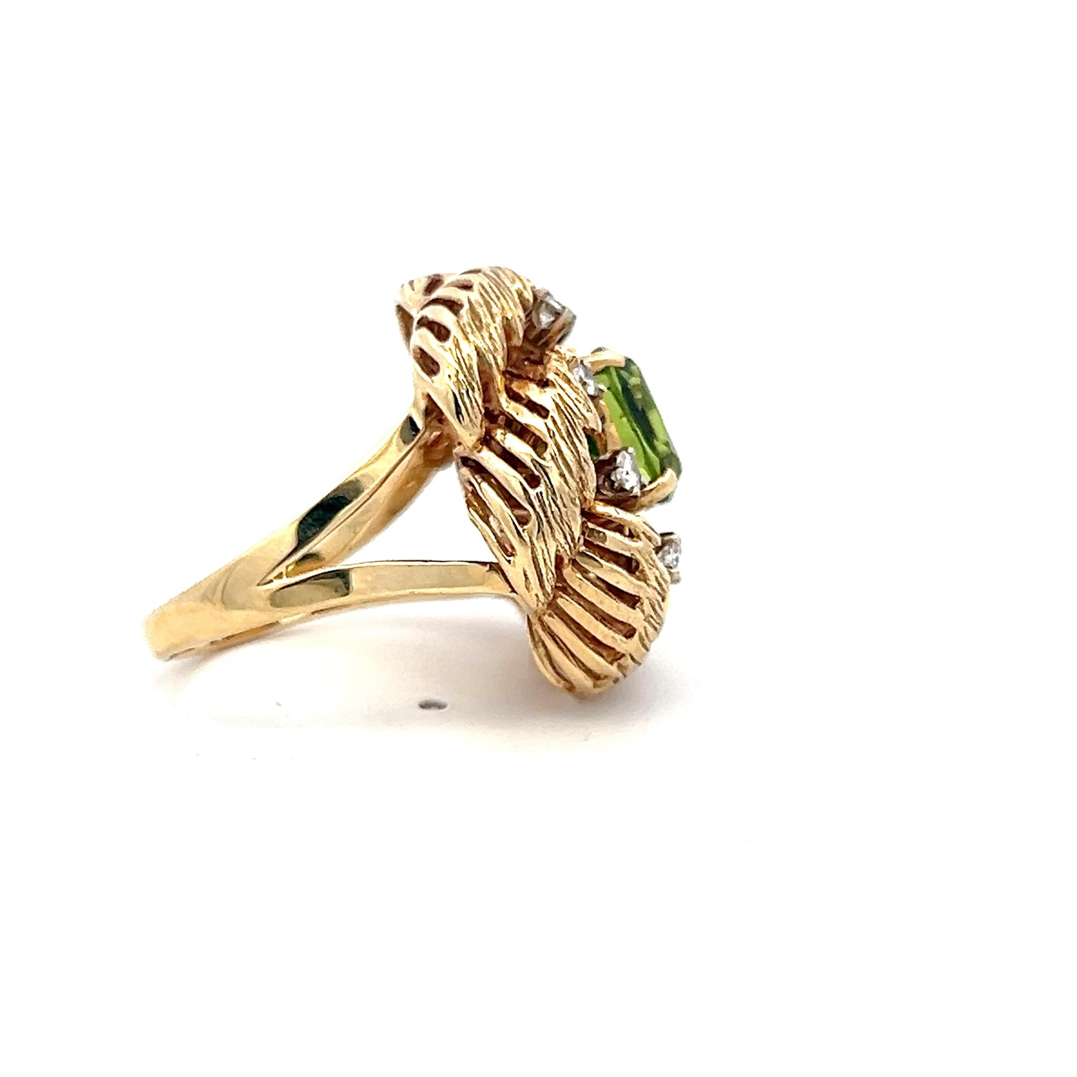 14K YG Cocktail Ring with 0.16 Carat Round Diamonds & 2 Carat Peridot Size 6.5