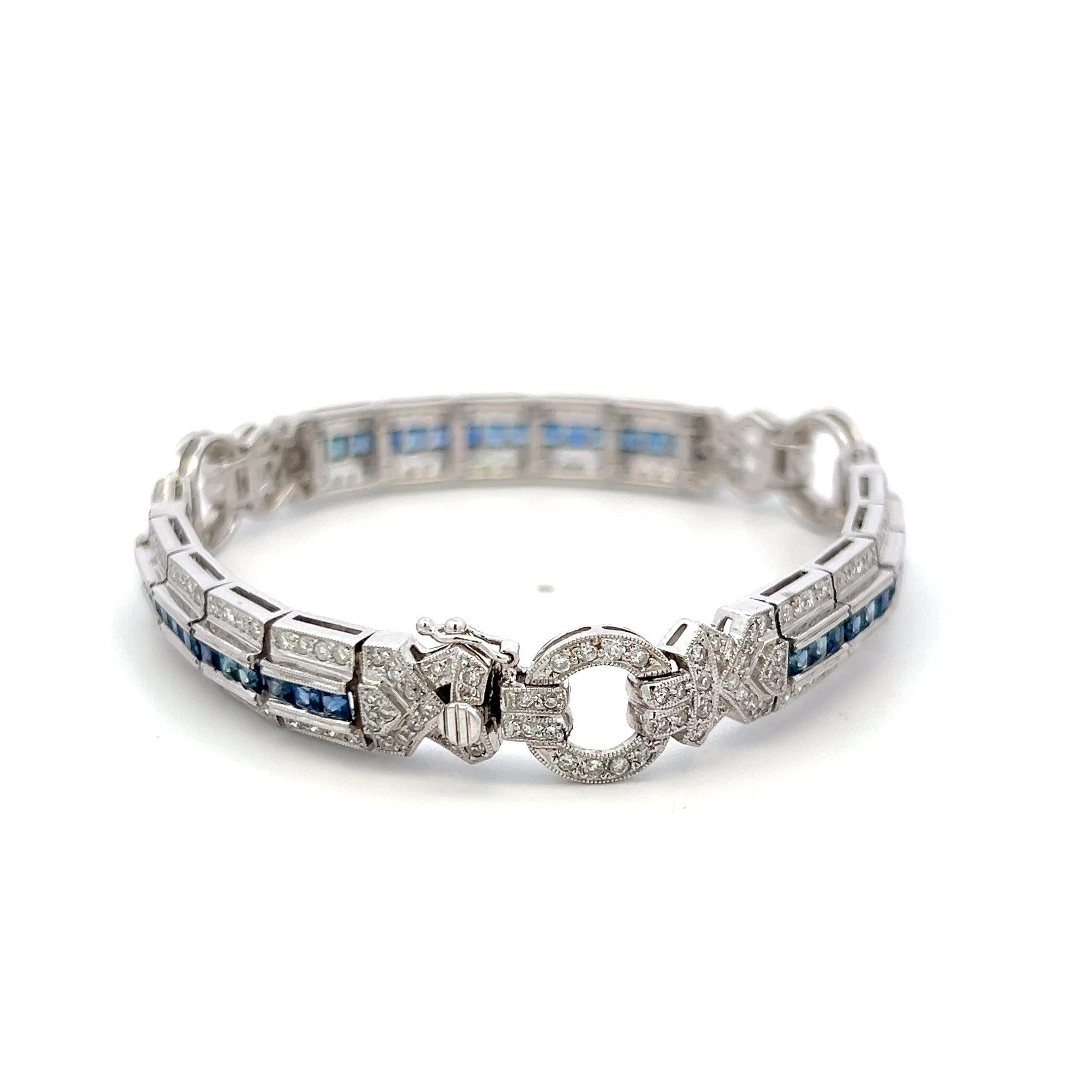18K WG Art-Deco Bracelet with 2.4 Ct Round I SI Diamonds and 1.95 Ct Sapphires