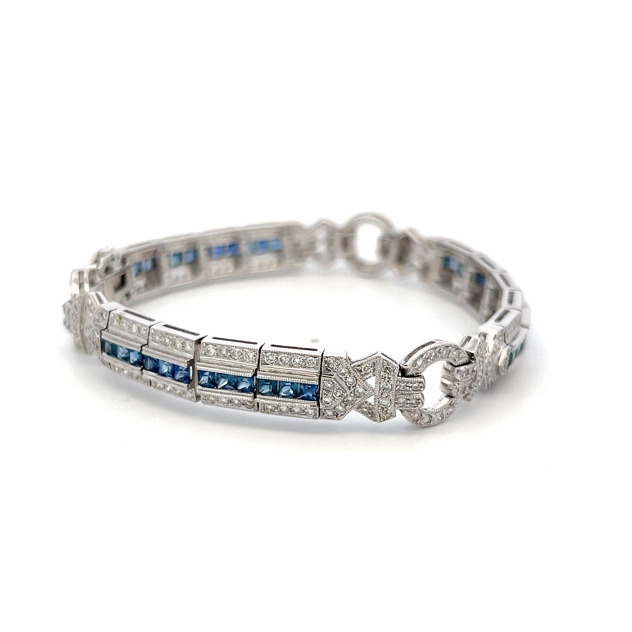 18K WG Art-Deco Bracelet with 2.4 Ct Round I SI Diamonds and 1.95 Ct Sapphires