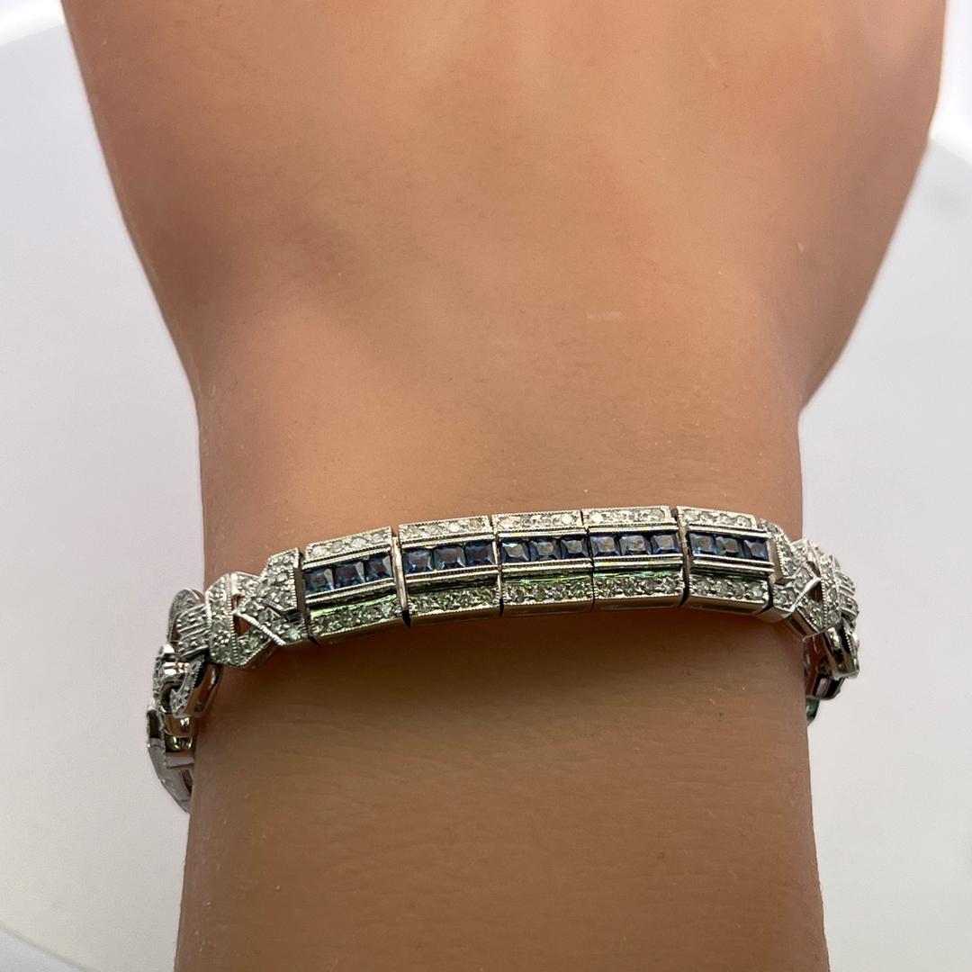 18K WG Art-Deco Bracelet with 2.4 Ct Round I SI Diamonds and 1.95 Ct Sapphires