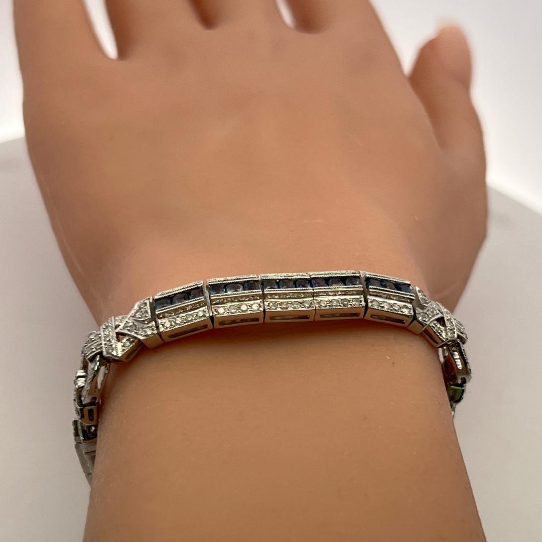 18K WG Art-Deco Bracelet with 2.4 Ct Round I SI Diamonds and 1.95 Ct Sapphires