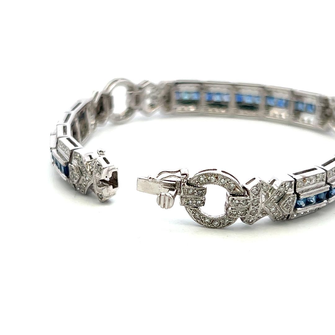 18K WG Art-Deco Bracelet with 2.4 Ct Round I SI Diamonds and 1.95 Ct Sapphires