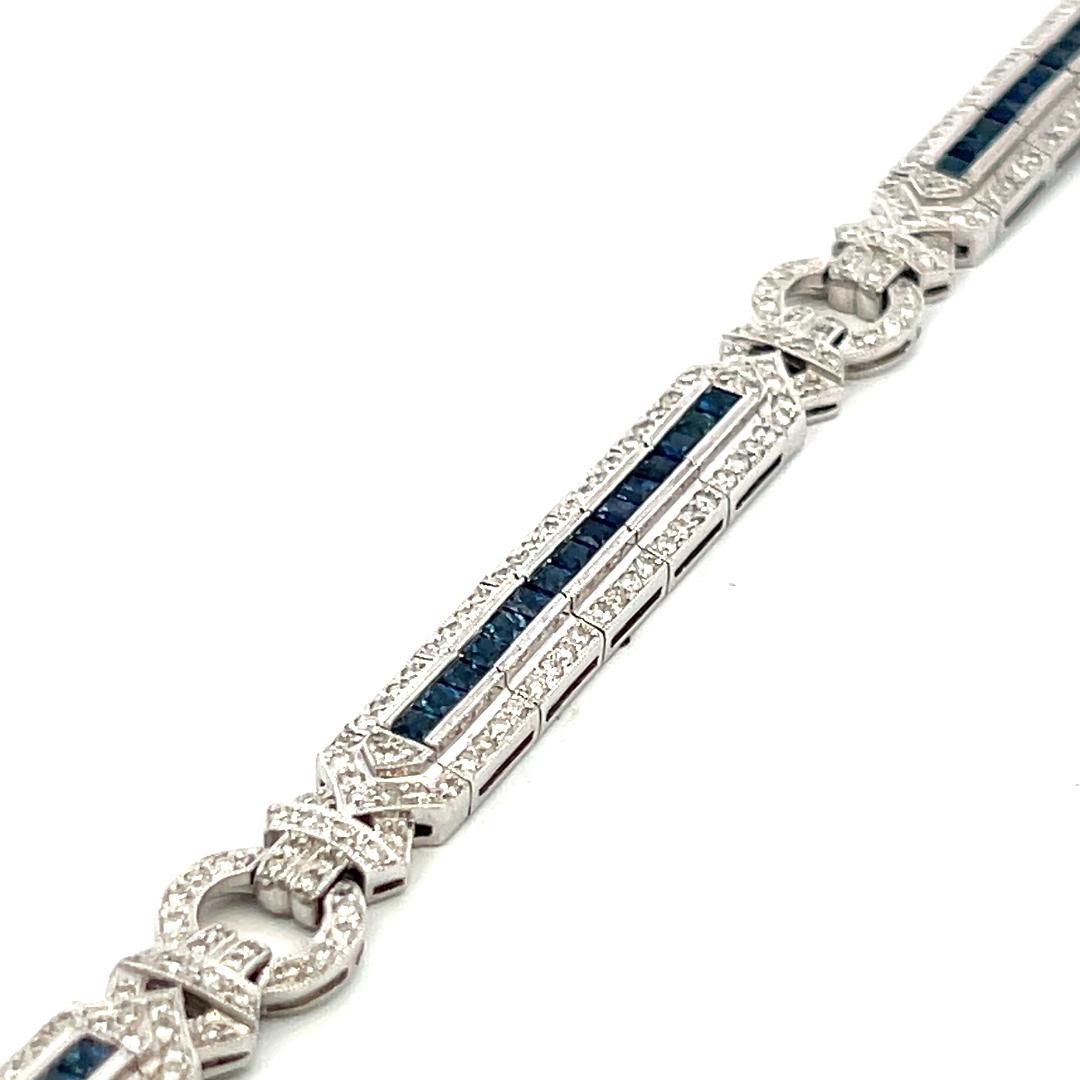 18K WG Art-Deco Bracelet with 2.4 Ct Round I SI Diamonds and 1.95 Ct Sapphires