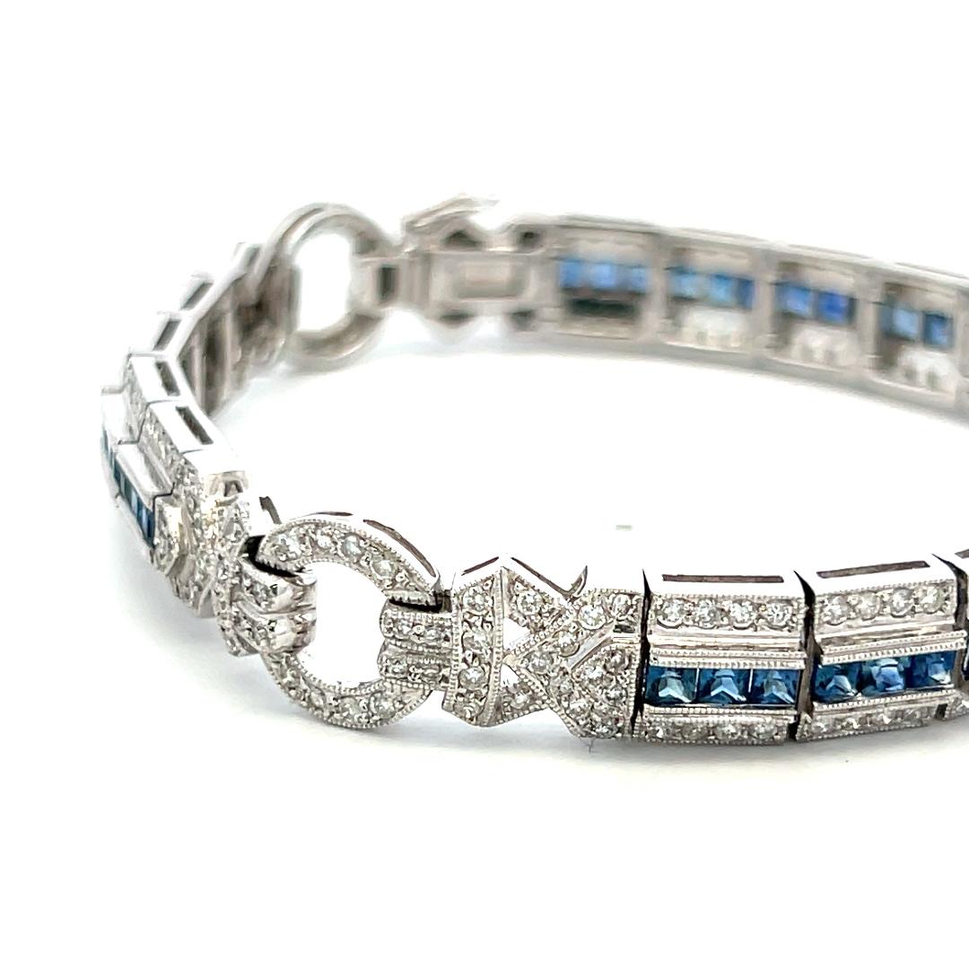18K WG Art-Deco Bracelet with 2.4 Ct Round I SI Diamonds and 1.95 Ct Sapphires