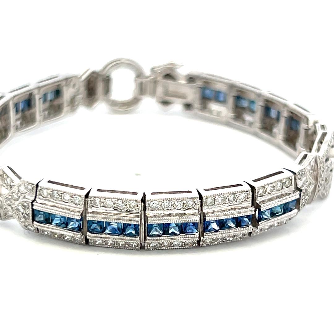 18K WG Art-Deco Bracelet with 2.4 Ct Round I SI Diamonds and 1.95 Ct Sapphires