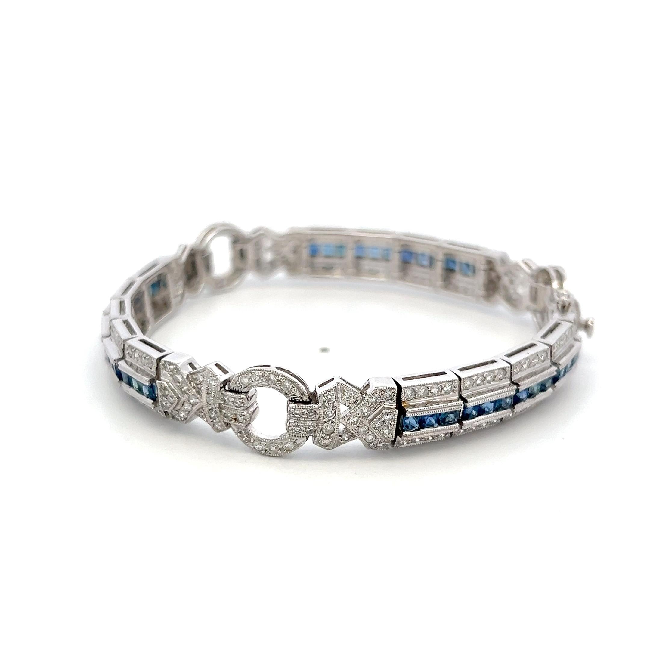 18K WG Art-Deco Bracelet with 2.4 Ct Round I SI Diamonds and 1.95 Ct Sapphires