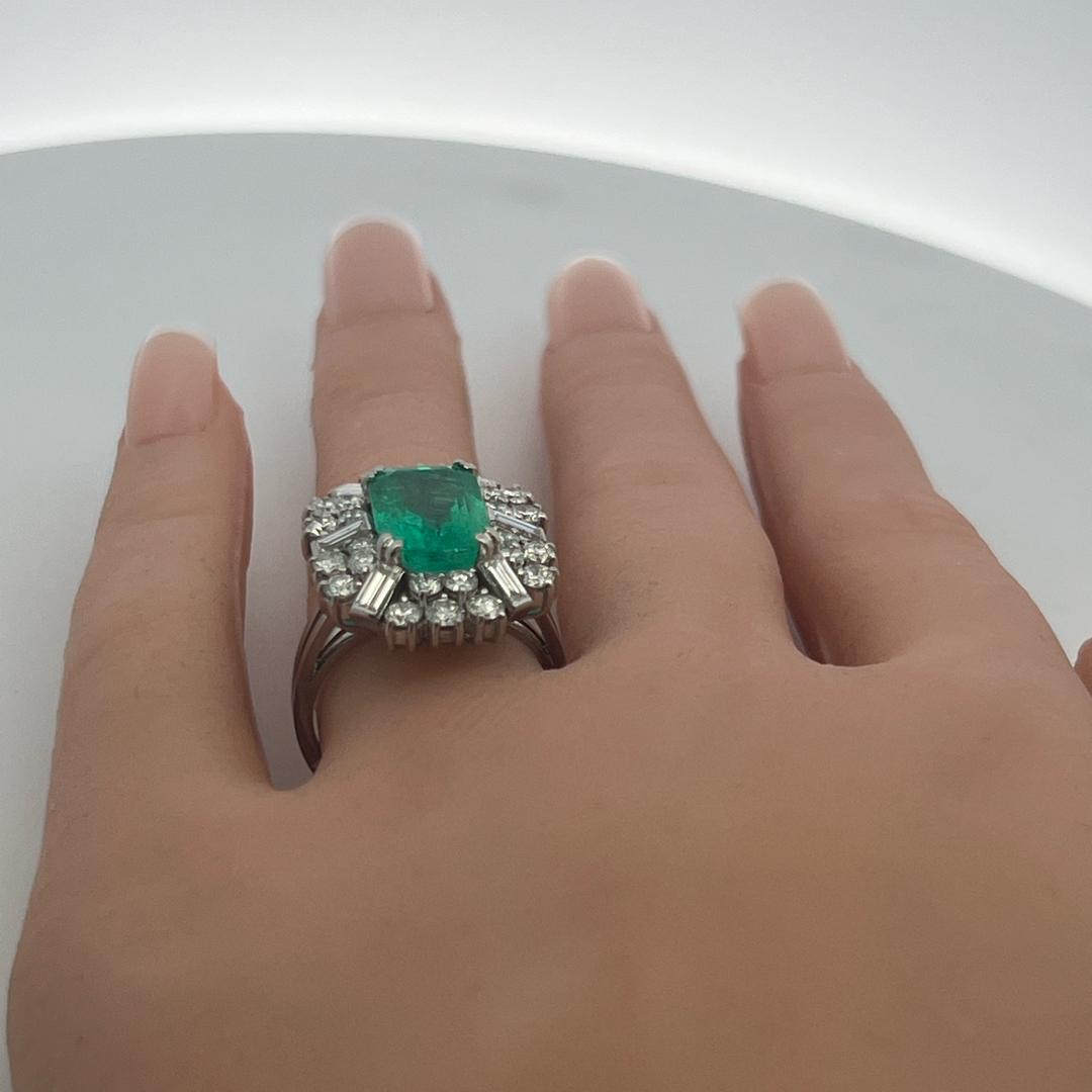Platinum Cluster Ring 2.8ct Round & Emerald F VS Diamonds & 12.12x8.20MM Emerald
