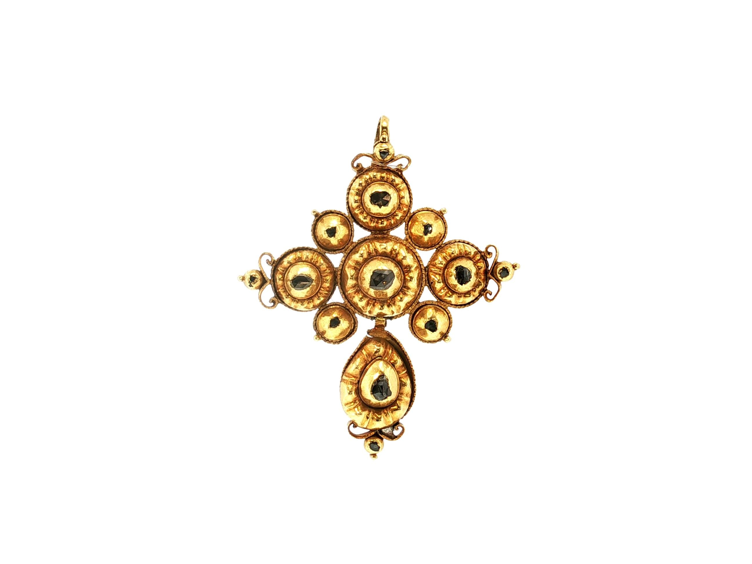 Antique 20K Yellow Gold Pendant with 0.45 Carat Rose Cut Black Diamonds  10.2g