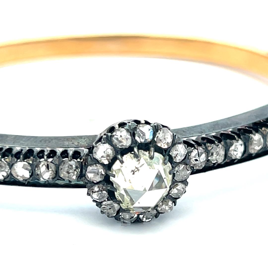 Antique 18K Gold/Silver Bangle Bracelet with 2.7 Carat Rose Cut Diamonds