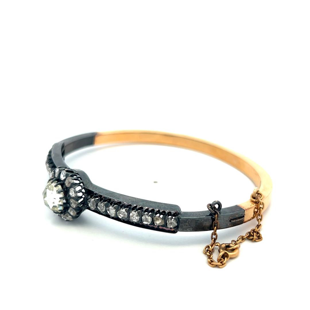 Antique 18K Gold/Silver Bangle Bracelet with 2.7 Carat Rose Cut Diamonds