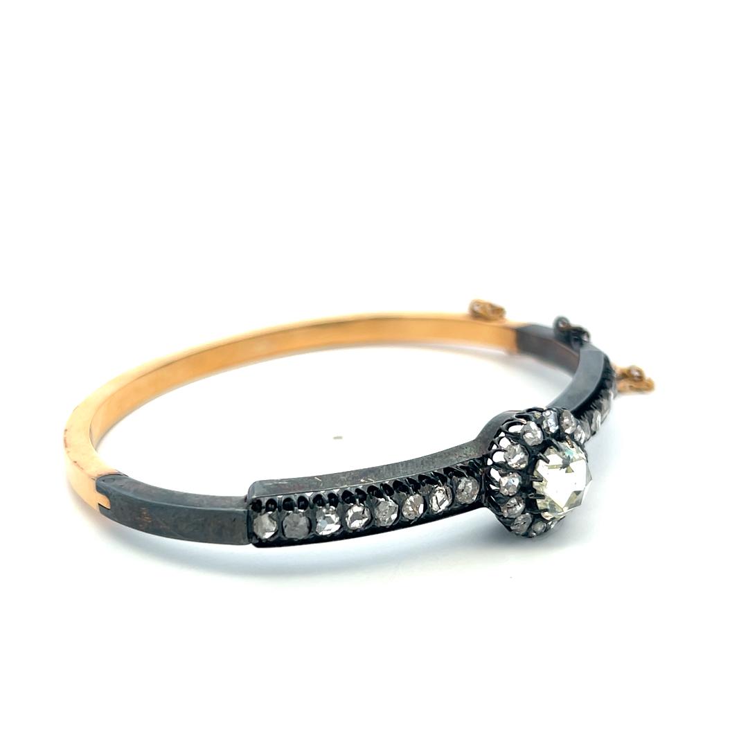 Antique 18K Gold/Silver Bangle Bracelet with 2.7 Carat Rose Cut Diamonds