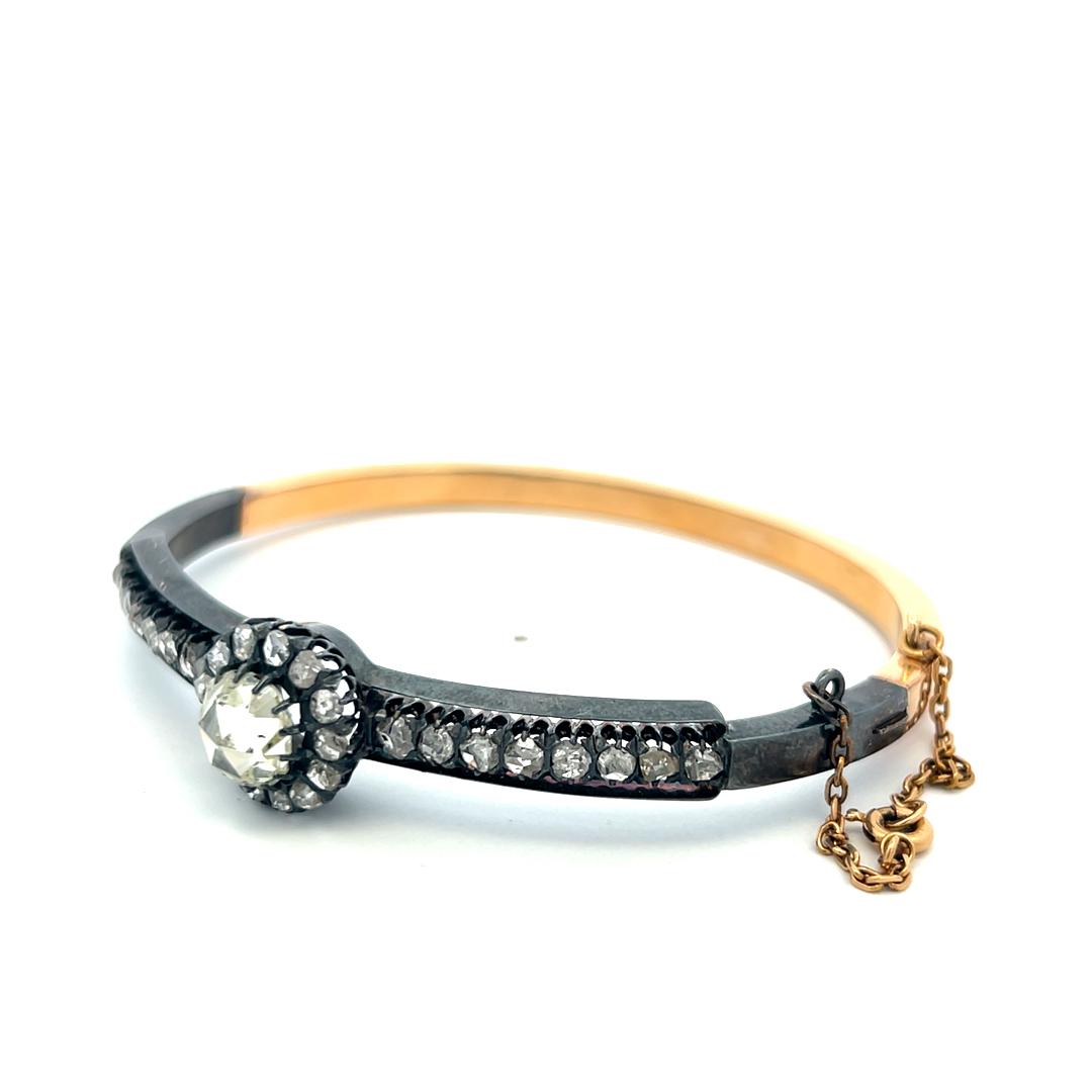 Antique 18K Gold/Silver Bangle Bracelet with 2.7 Carat Rose Cut Diamonds