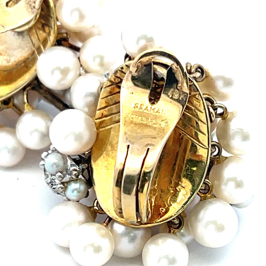 Seaman Schepps 18K Yellow Gold Cluster Earrings 0.5ct Round Diamonds and Pearls