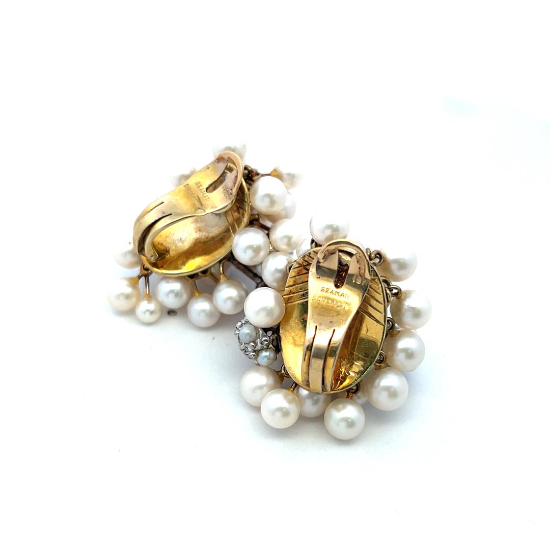 Seaman Schepps 18K Yellow Gold Cluster Earrings 0.5ct Round Diamonds and Pearls
