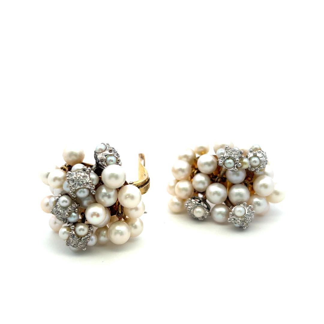 Seaman Schepps 18K Yellow Gold Cluster Earrings 0.5ct Round Diamonds and Pearls