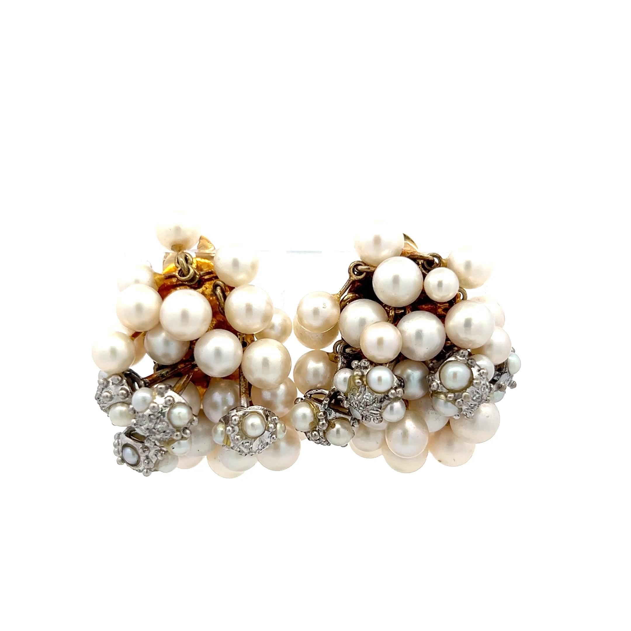 Seaman Schepps 18K Yellow Gold Cluster Earrings 0.5ct Round Diamonds and Pearls