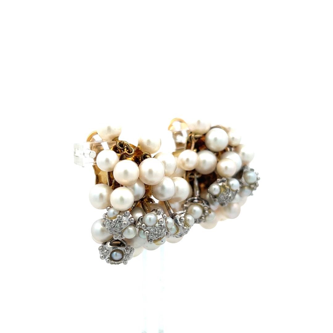 Seaman Schepps 18K Yellow Gold Cluster Earrings 0.5ct Round Diamonds and Pearls