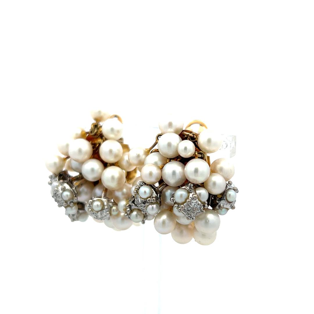 Seaman Schepps 18K Yellow Gold Cluster Earrings 0.5ct Round Diamonds and Pearls