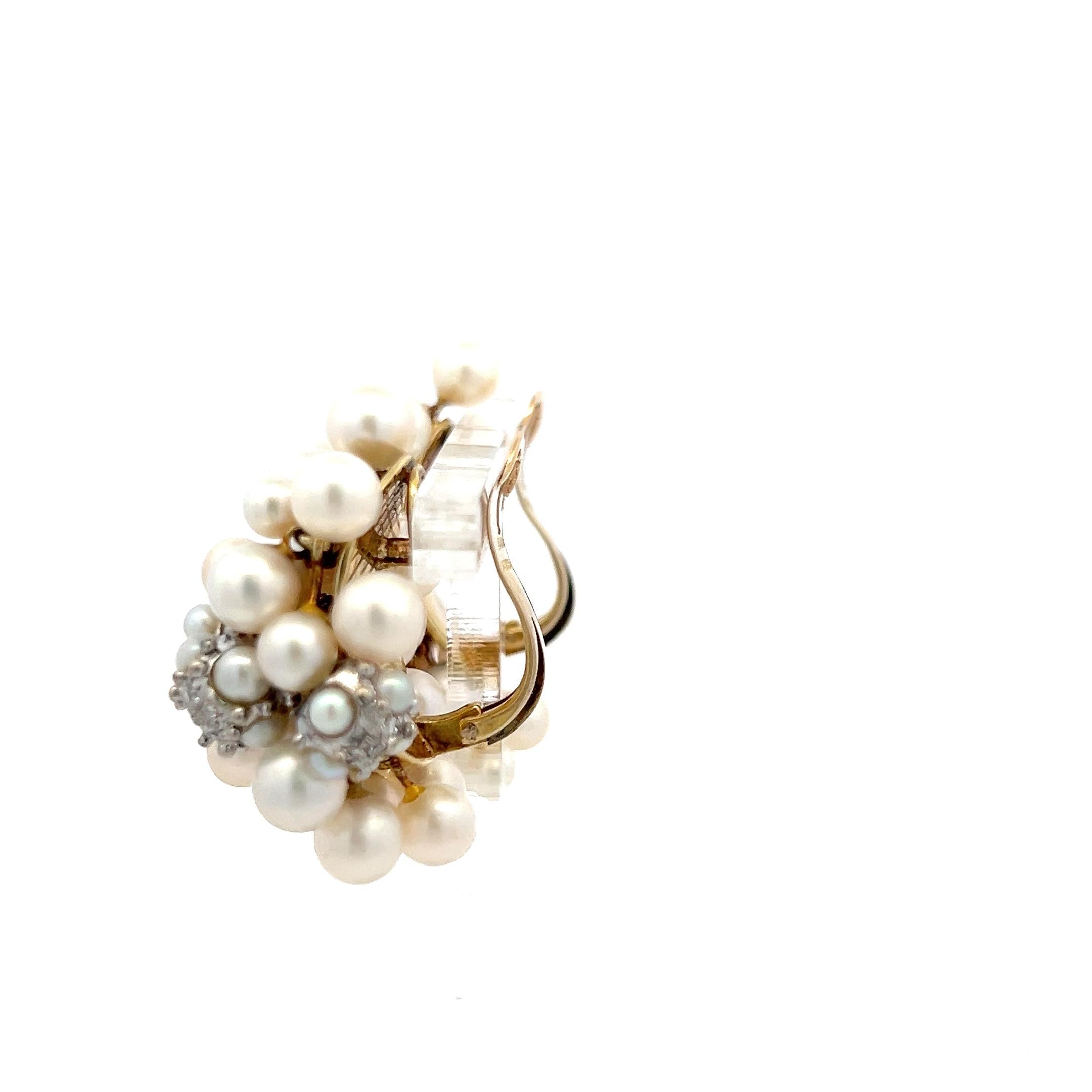 Seaman Schepps 18K Yellow Gold Cluster Earrings 0.5ct Round Diamonds and Pearls
