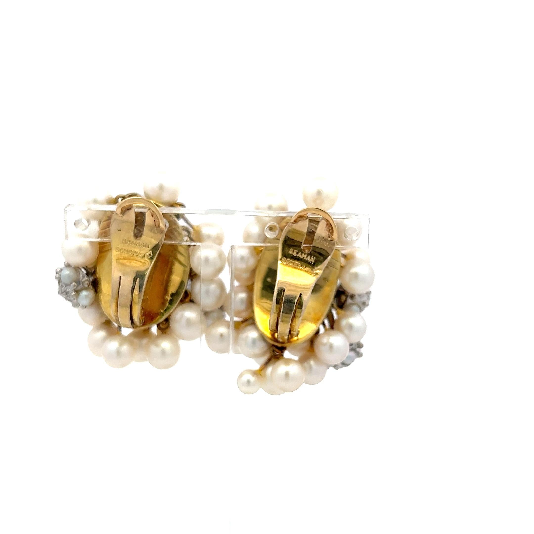 Seaman Schepps 18K Yellow Gold Cluster Earrings 0.5ct Round Diamonds and Pearls