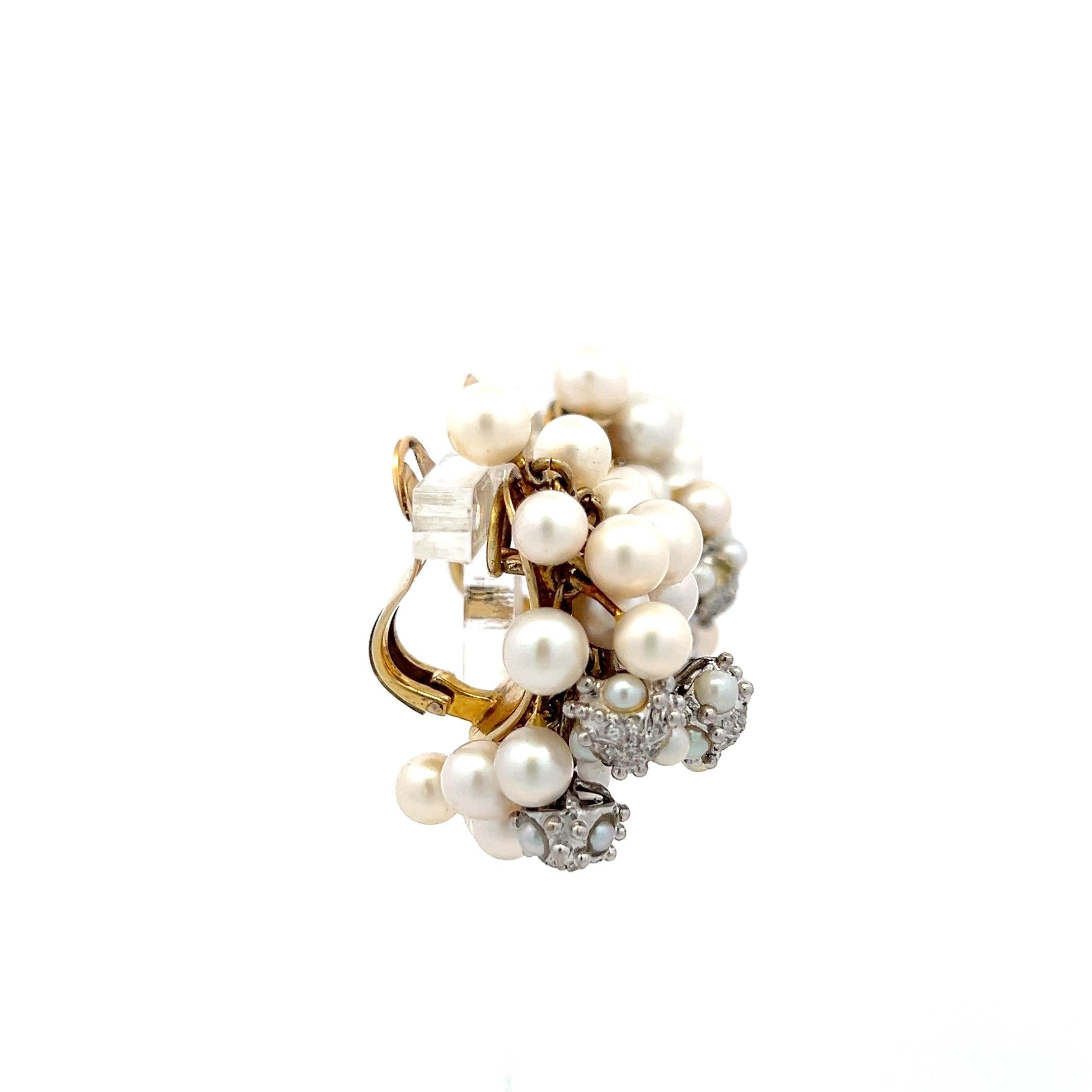 Seaman Schepps 18K Yellow Gold Cluster Earrings 0.5ct Round Diamonds and Pearls