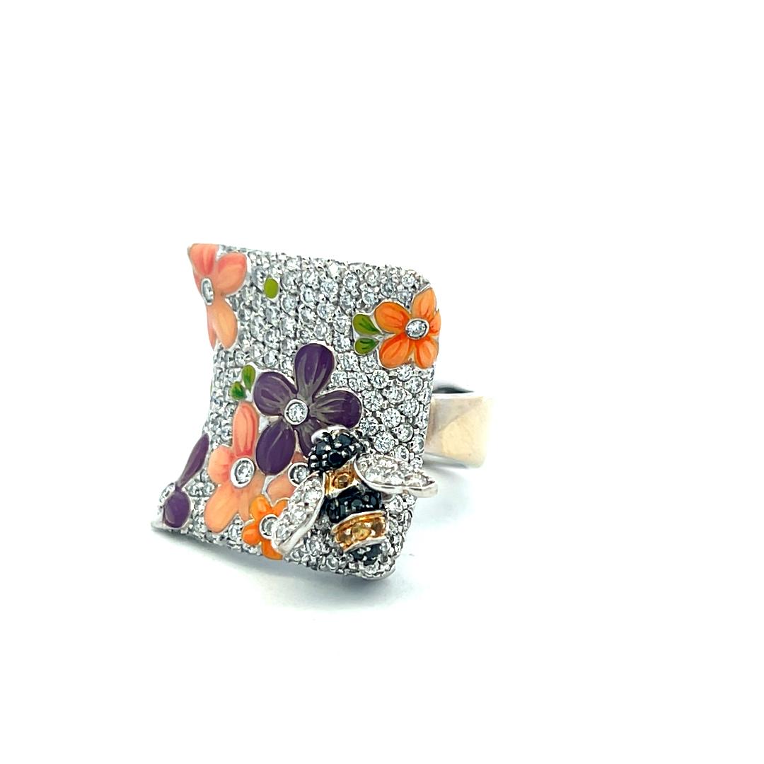 18K White Gold Floral Cocktail Ring with 1.05 Carat Round H VS Diamonds