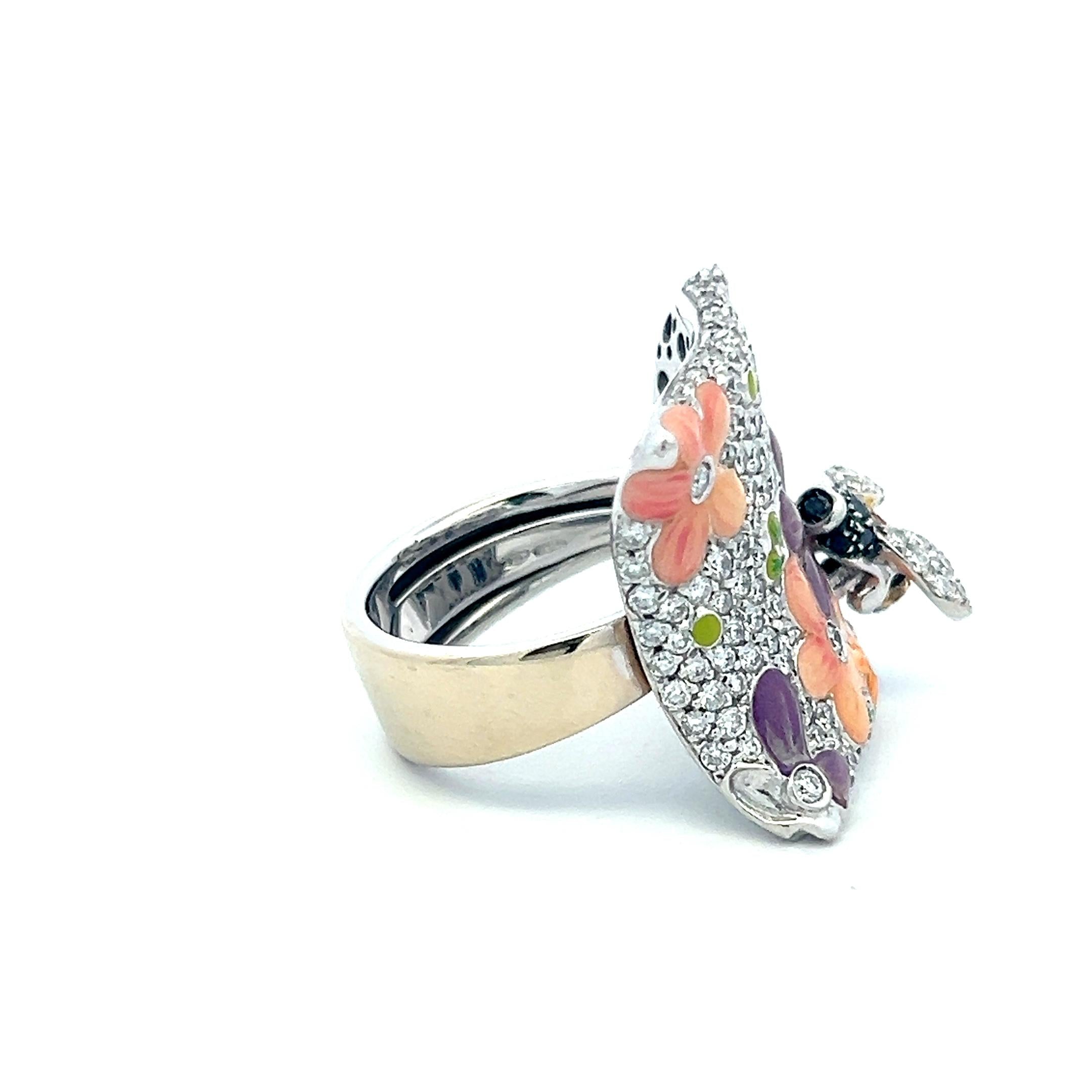 18K White Gold Floral Cocktail Ring with 1.05 Carat Round H VS Diamonds