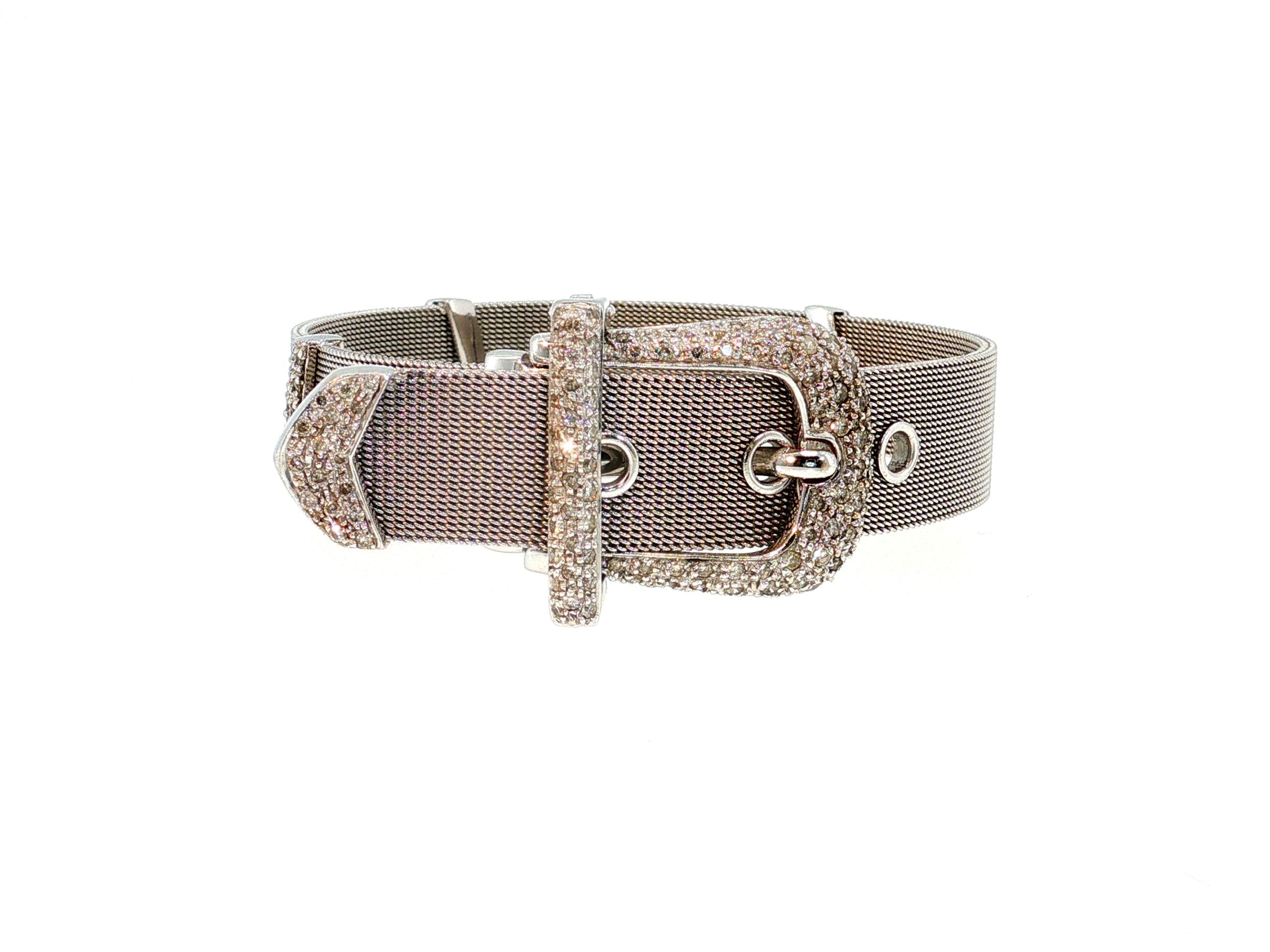 18K White Gold Retro Mesh Buckle Bracelet with 1.6 Carat Round H SI Diamonds