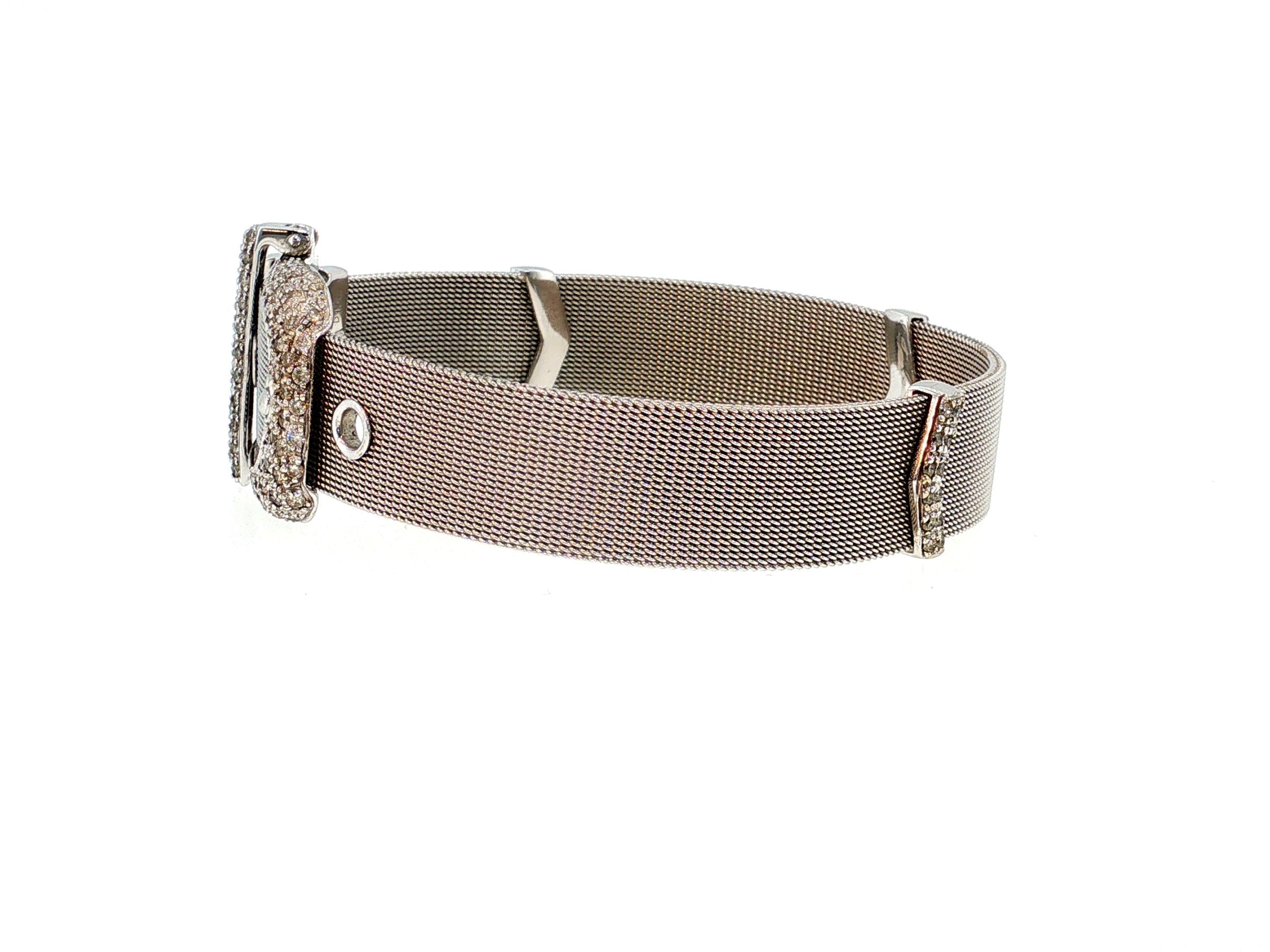18K White Gold Retro Mesh Buckle Bracelet with 1.6 Carat Round H SI Diamonds