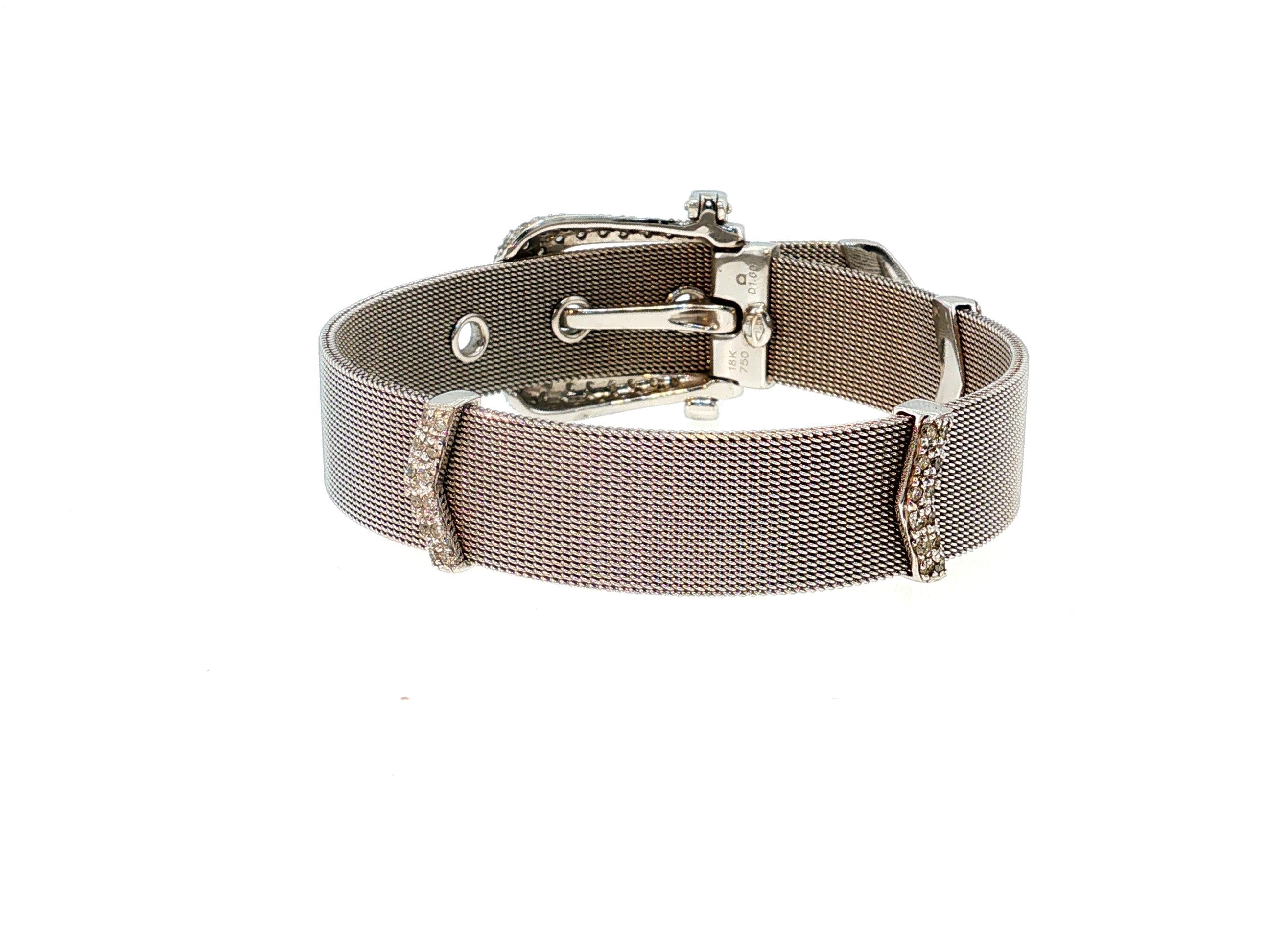 18K White Gold Retro Mesh Buckle Bracelet with 1.6 Carat Round H SI Diamonds