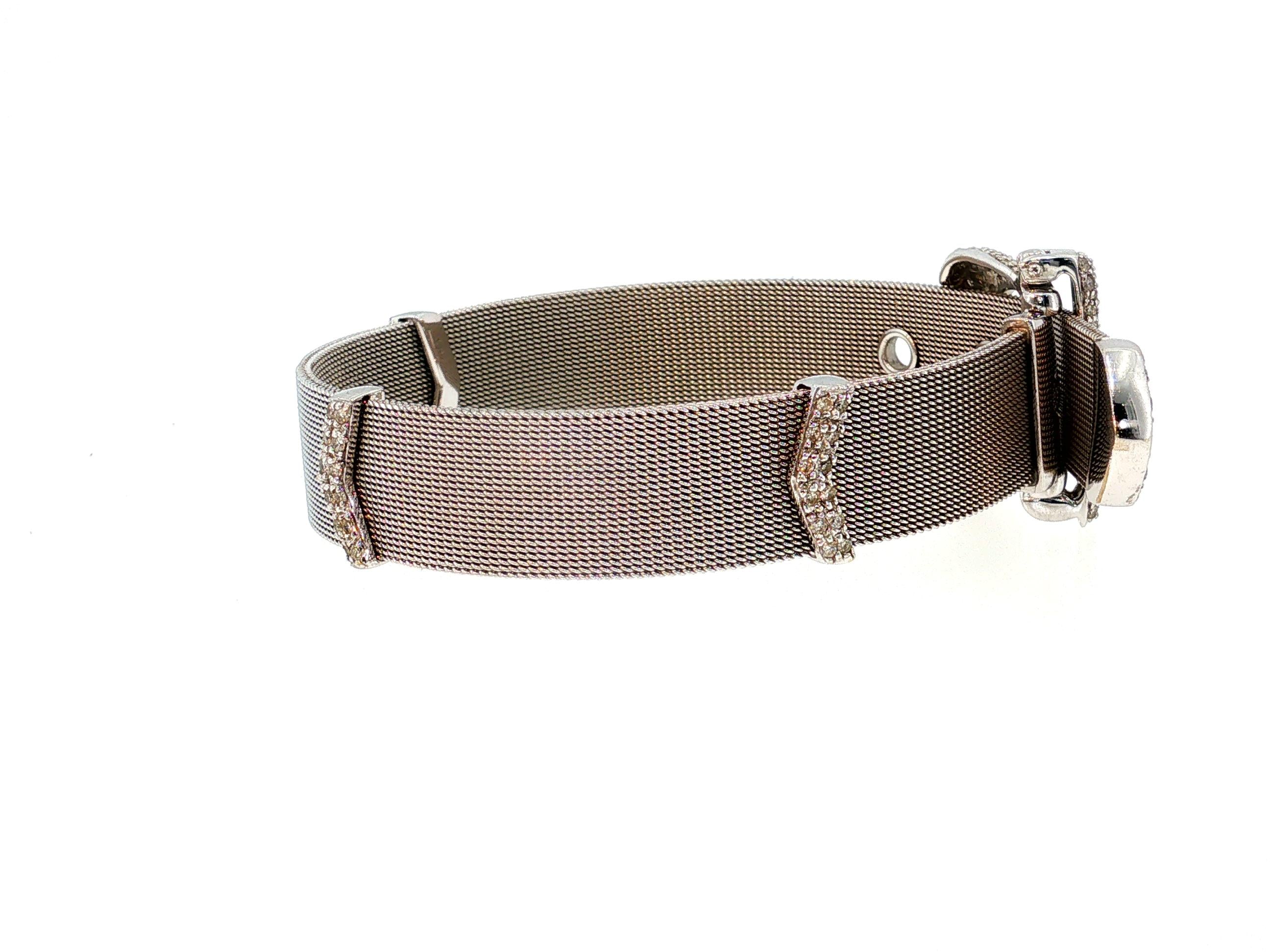 18K White Gold Retro Mesh Buckle Bracelet with 1.6 Carat Round H SI Diamonds