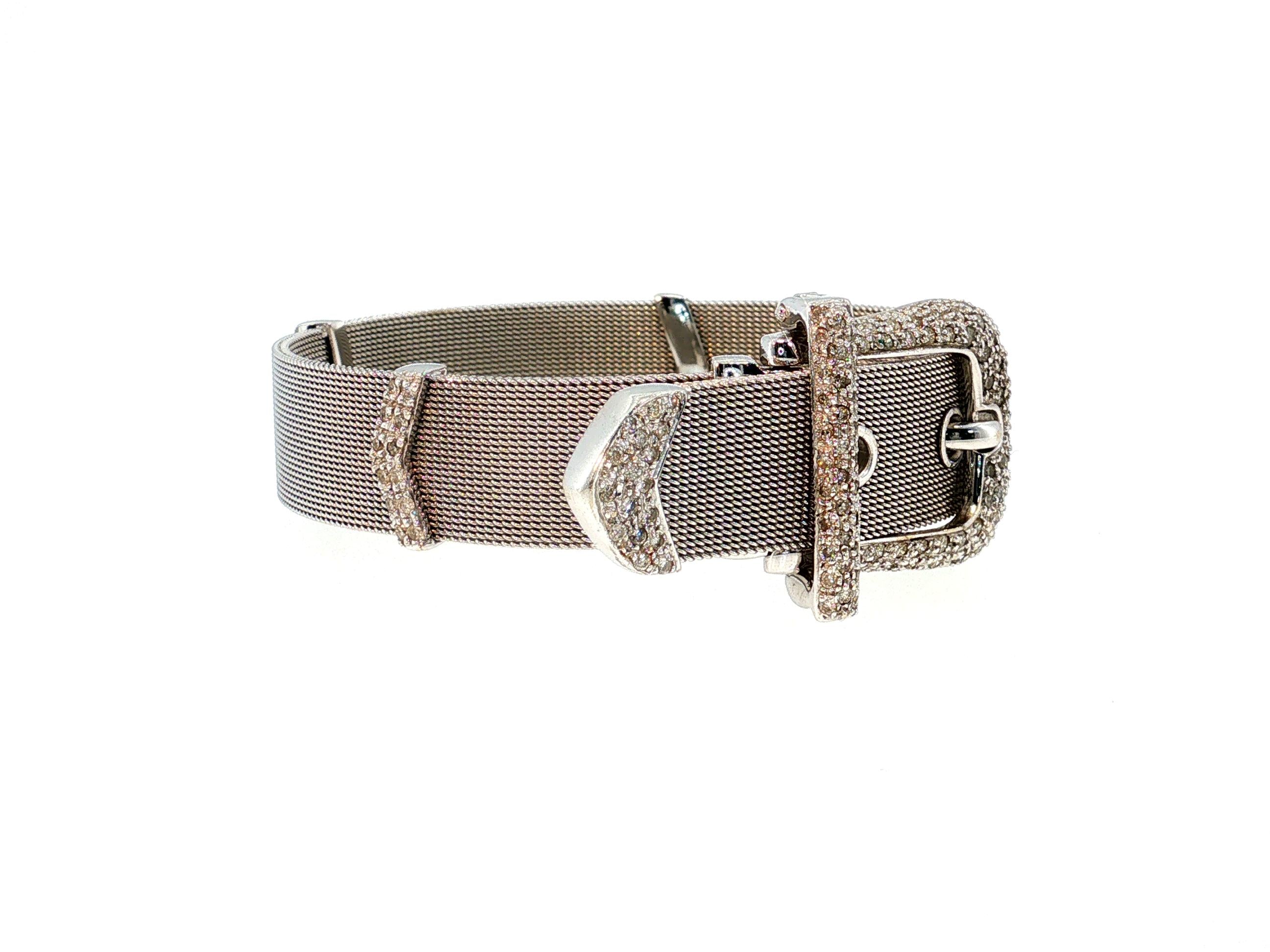 18K White Gold Retro Mesh Buckle Bracelet with 1.6 Carat Round H SI Diamonds