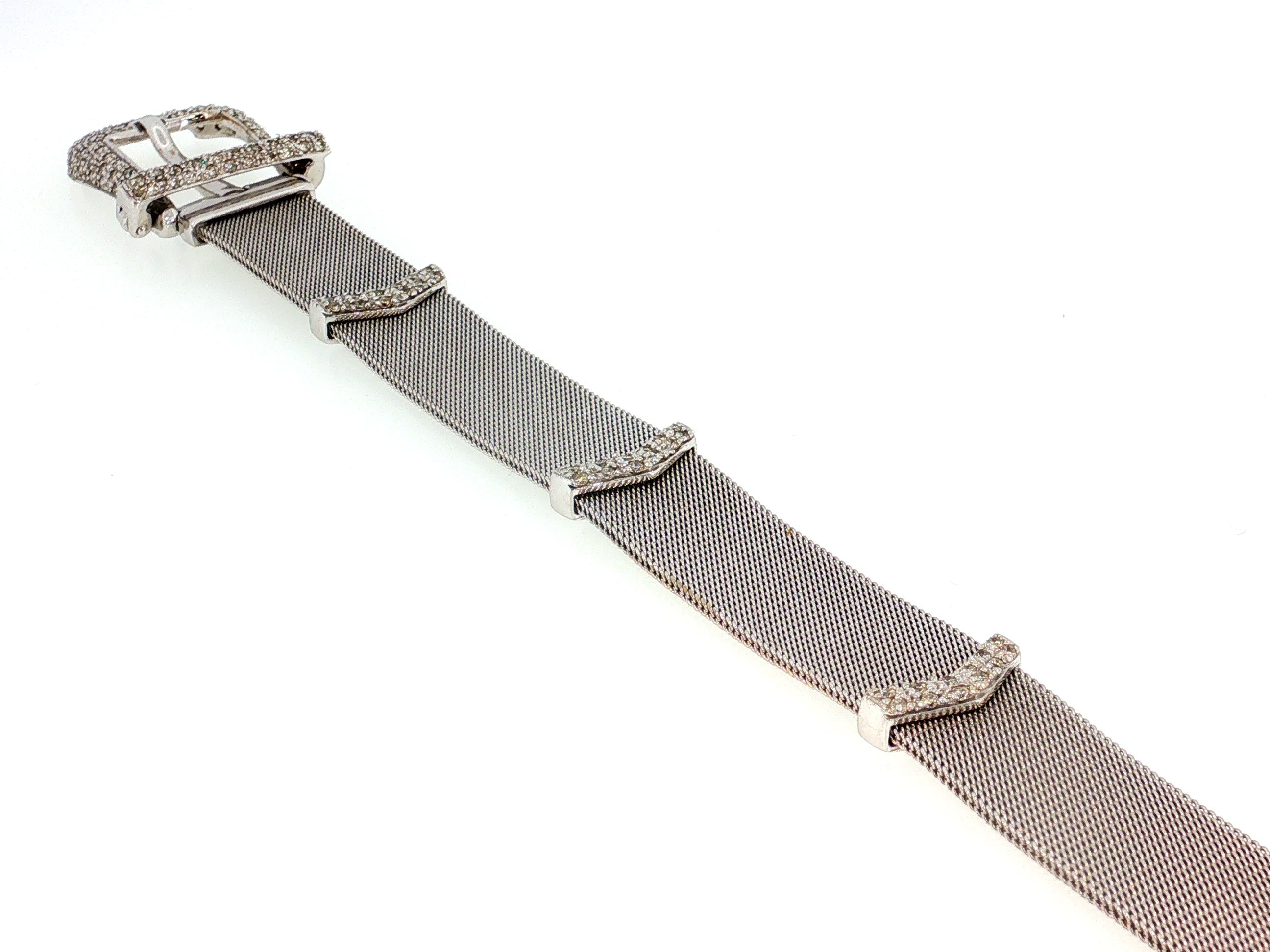 18K White Gold Retro Mesh Buckle Bracelet with 1.6 Carat Round H SI Diamonds