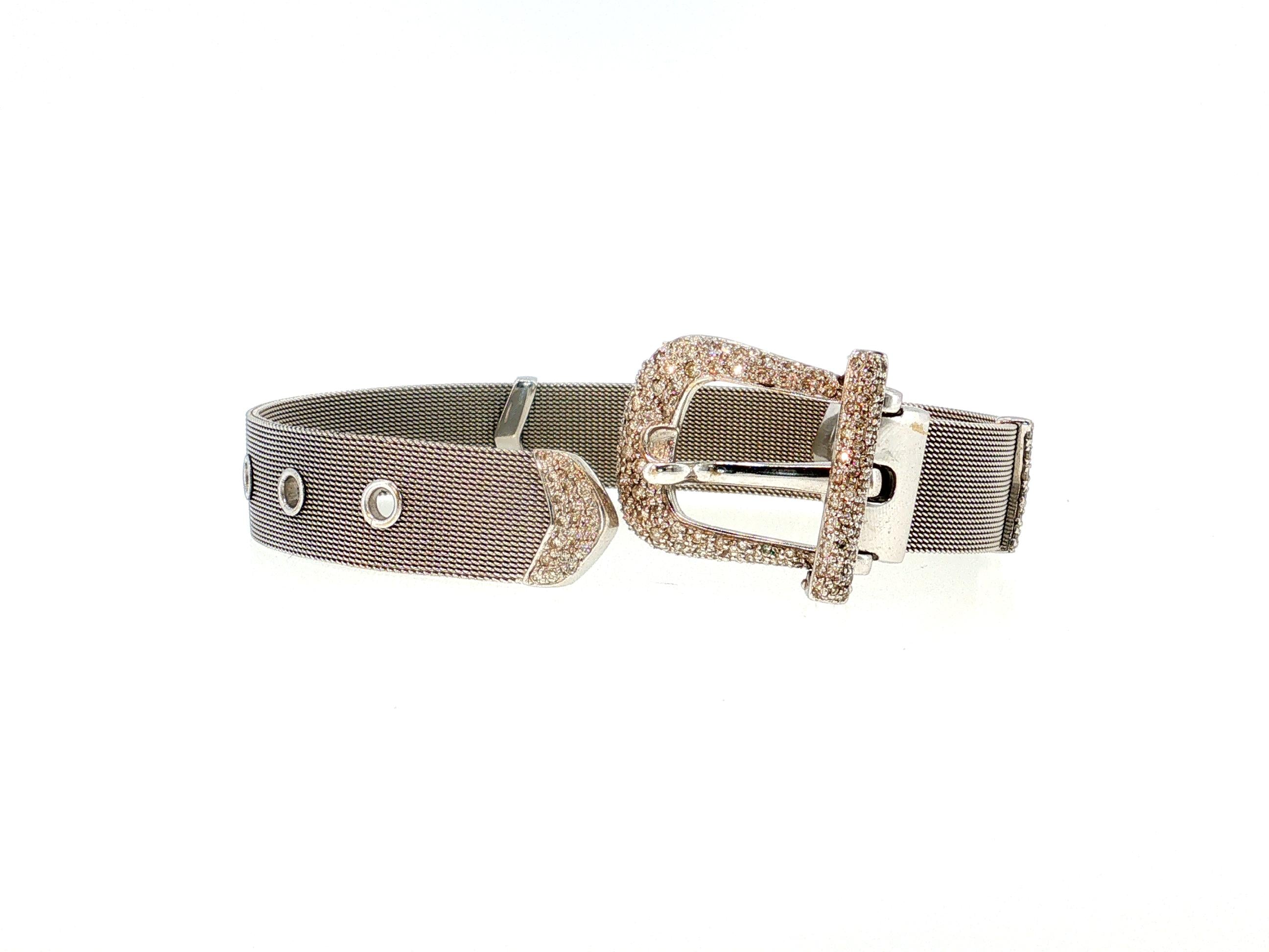 18K White Gold Retro Mesh Buckle Bracelet with 1.6 Carat Round H SI Diamonds