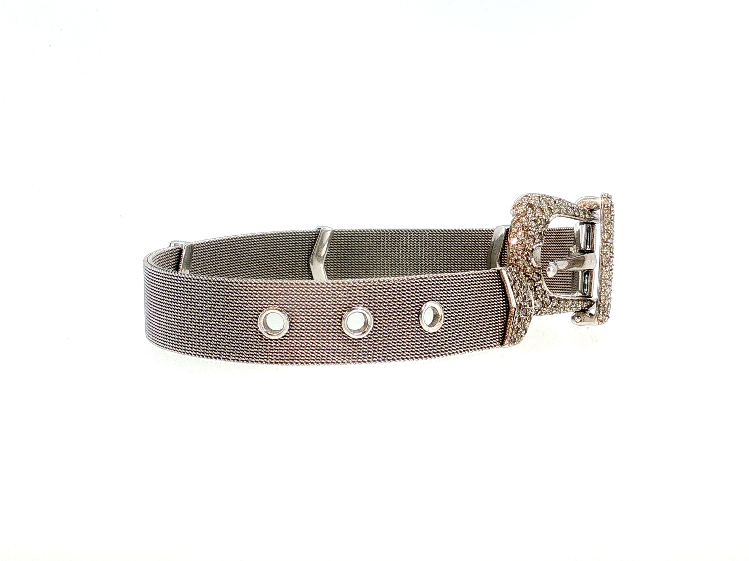 18K White Gold Retro Mesh Buckle Bracelet with 1.6 Carat Round H SI Diamonds