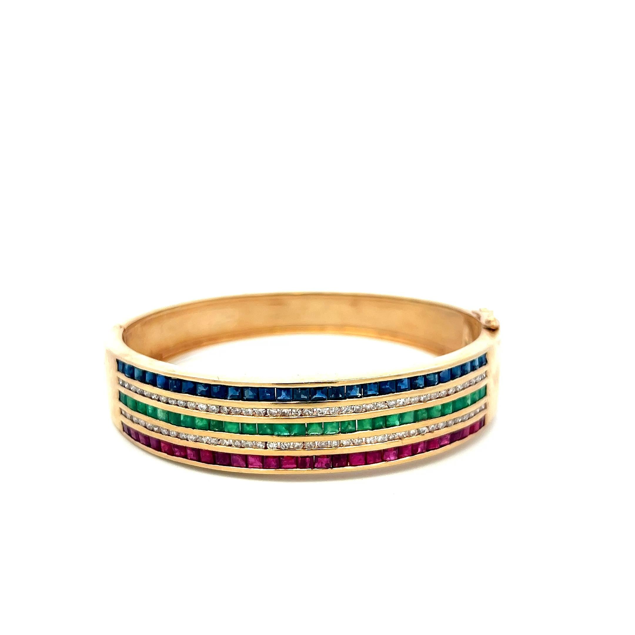 14K YG Bangle Bracelet 1ct Diamonds 1.35ct Ruby 1.35ct Emerald 1.35ct Sapphire
