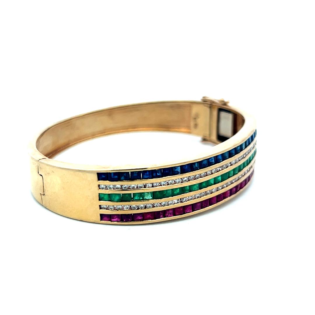 14K YG Bangle Bracelet 1ct Diamonds 1.35ct Ruby 1.35ct Emerald 1.35ct Sapphire