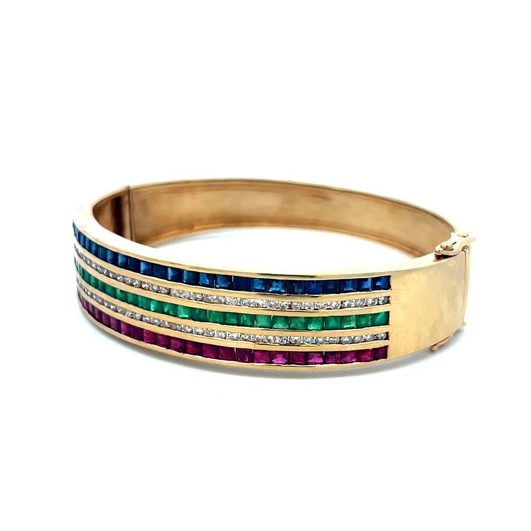 14K YG Bangle Bracelet 1ct Diamonds 1.35ct Ruby 1.35ct Emerald 1.35ct Sapphire