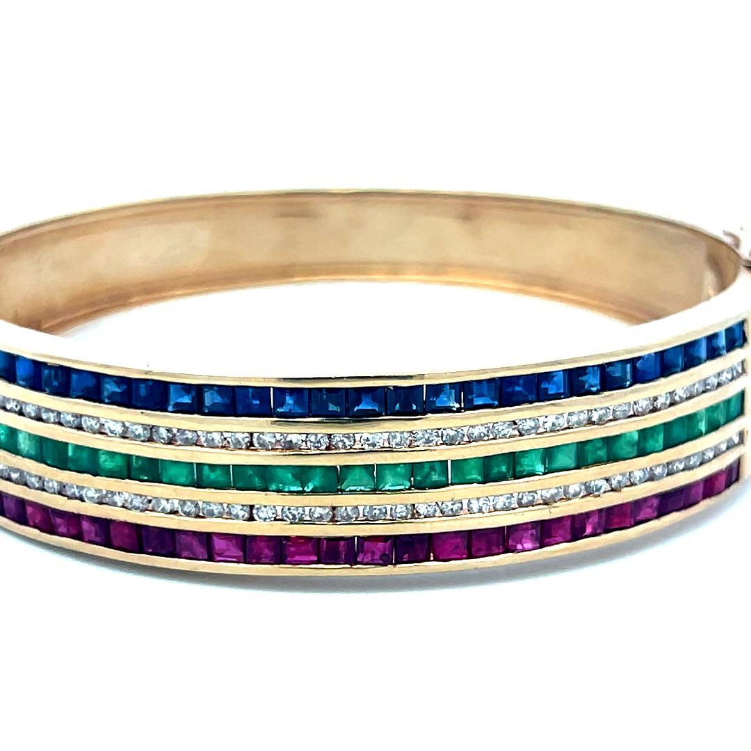 14K YG Bangle Bracelet 1ct Diamonds 1.35ct Ruby 1.35ct Emerald 1.35ct Sapphire