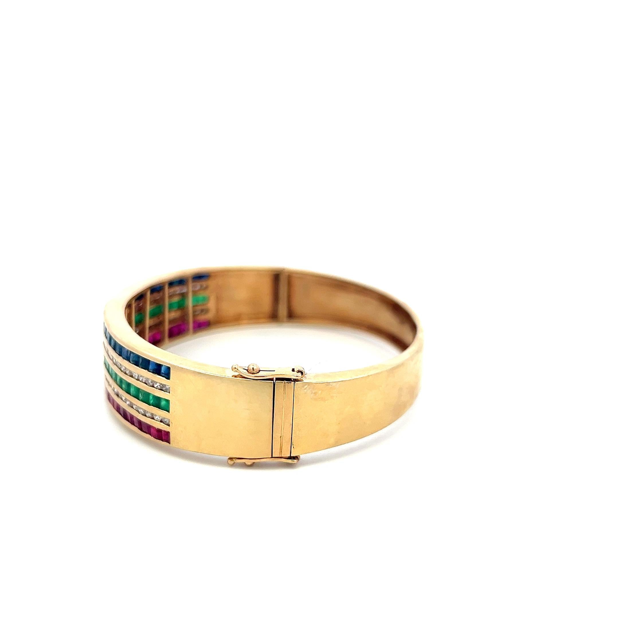 14K YG Bangle Bracelet 1ct Diamonds 1.35ct Ruby 1.35ct Emerald 1.35ct Sapphire
