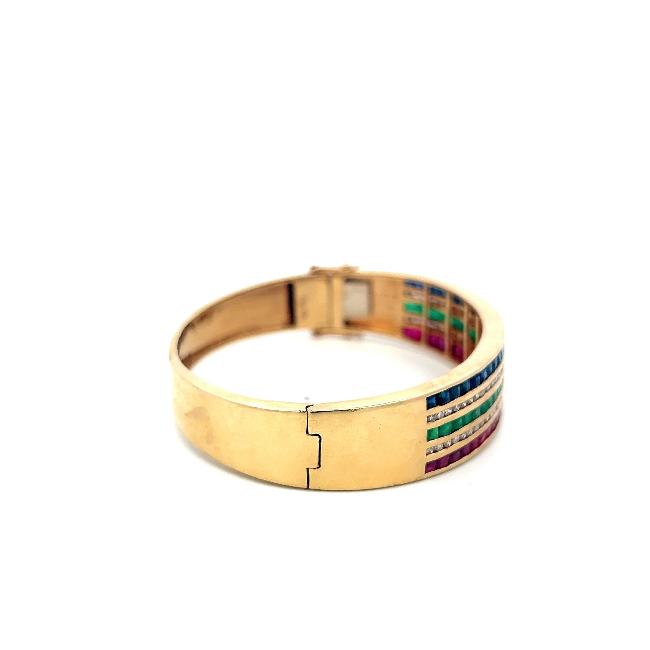 14K YG Bangle Bracelet 1ct Diamonds 1.35ct Ruby 1.35ct Emerald 1.35ct Sapphire