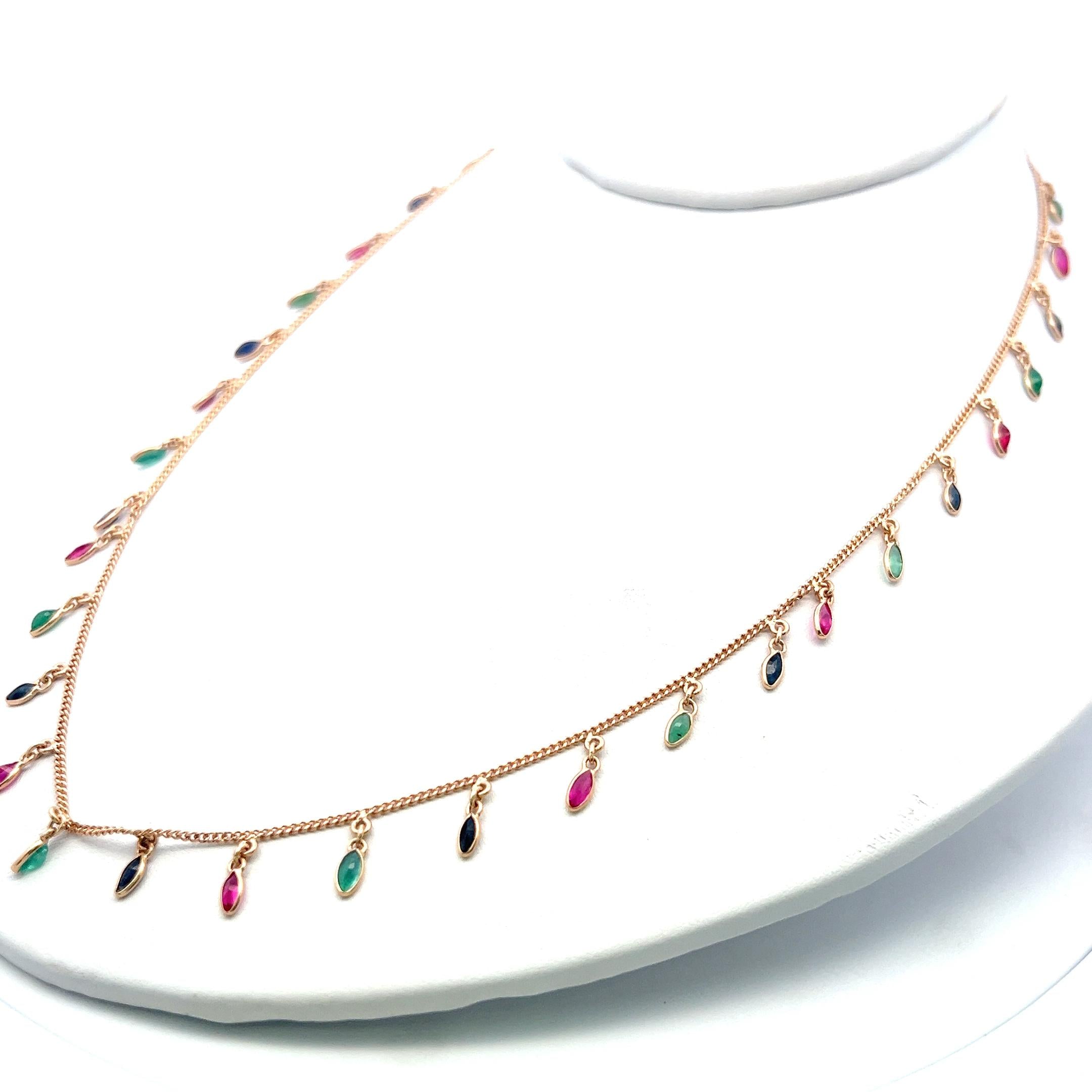 Vintage 14K Yellow Gold Station Necklace with Emerald Sapphire & Ruby Gemstones